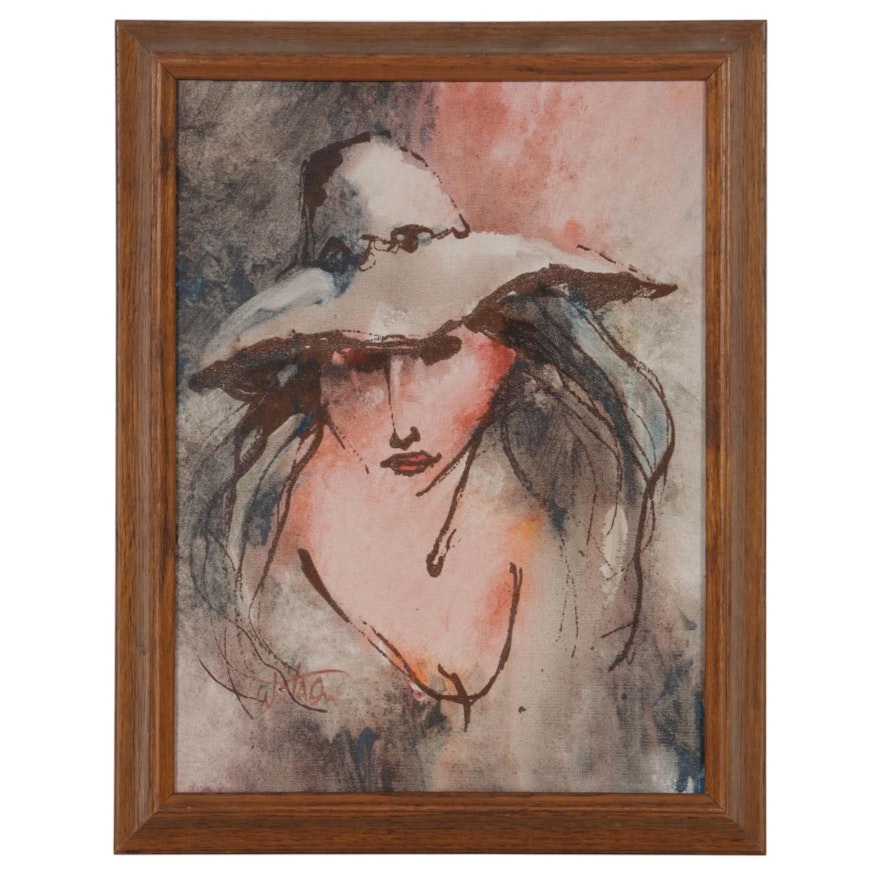 Abstract Mixed Media Painting of Woman in Hat