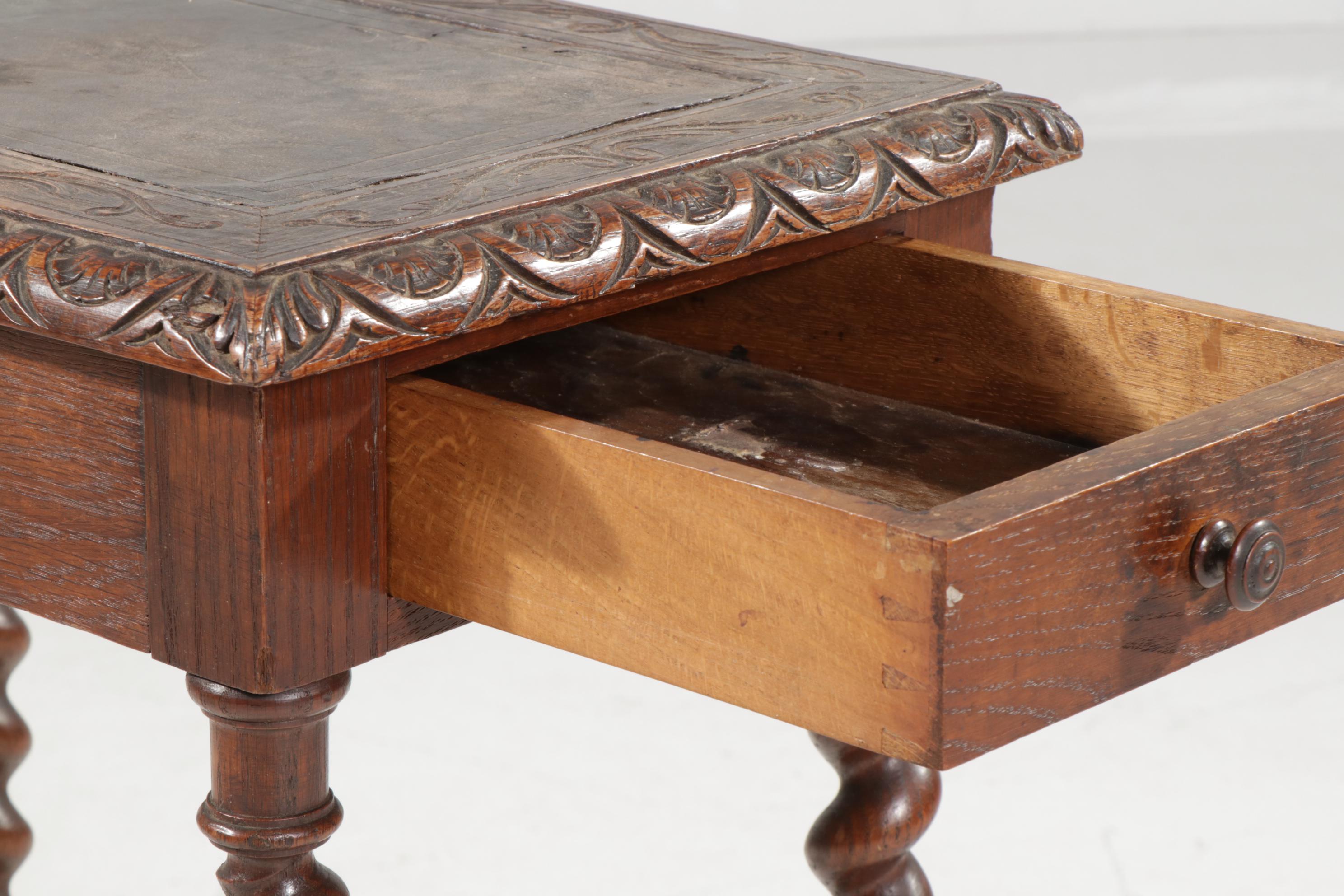 Jacobean Revival Carved Oak Work Table with Leather Top