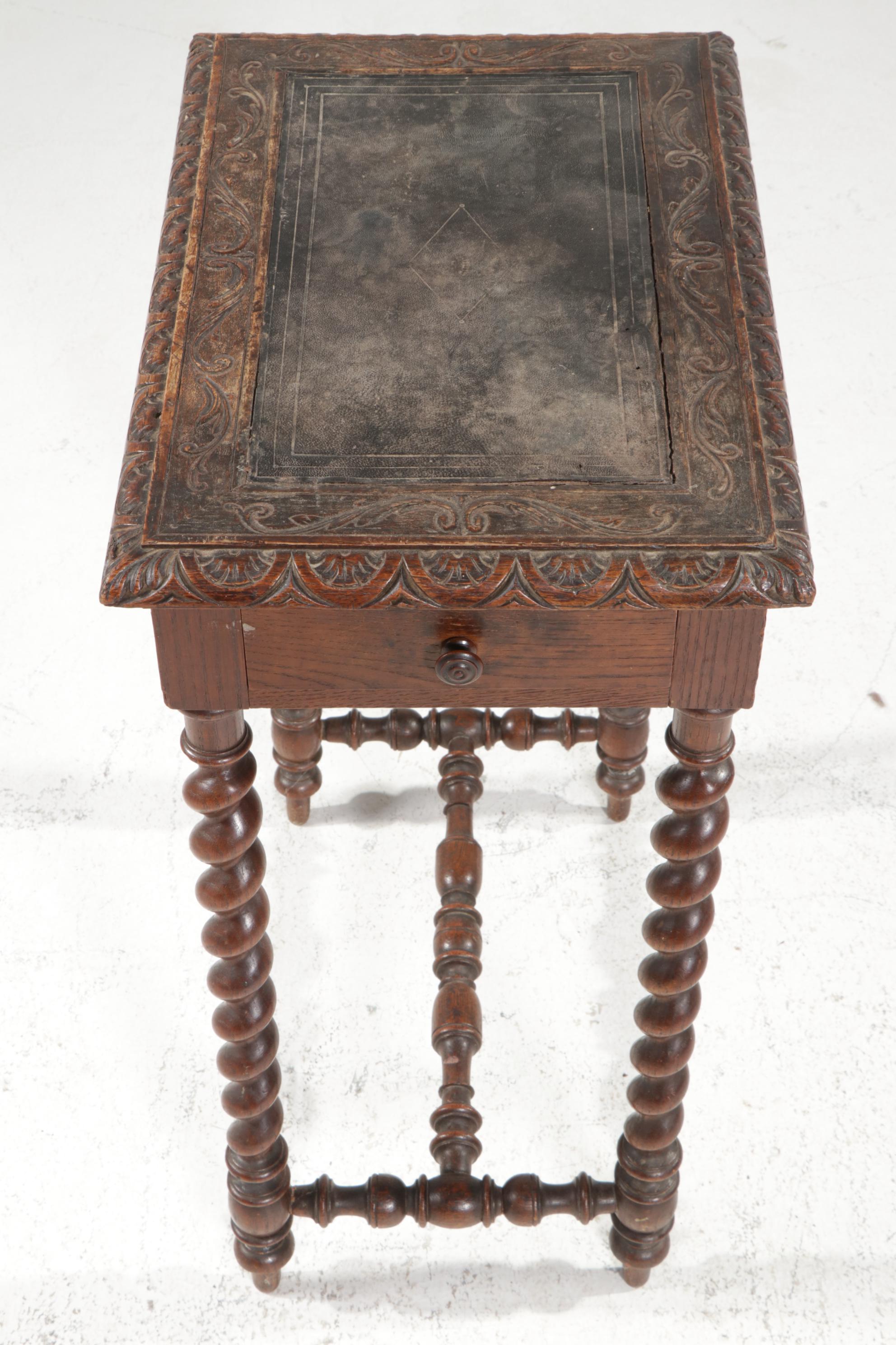 Jacobean Revival Carved Oak Work Table with Leather Top