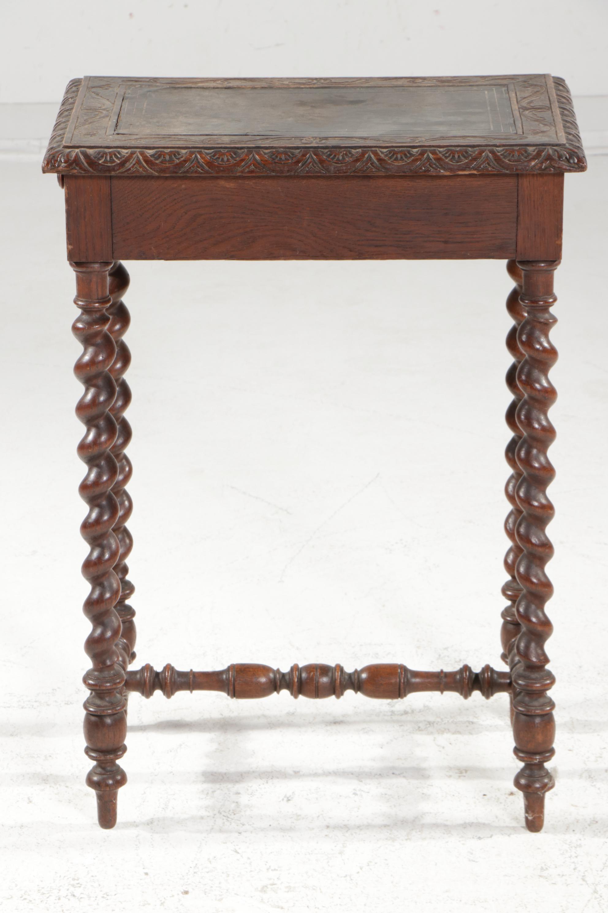 Jacobean Revival Carved Oak Work Table with Leather Top