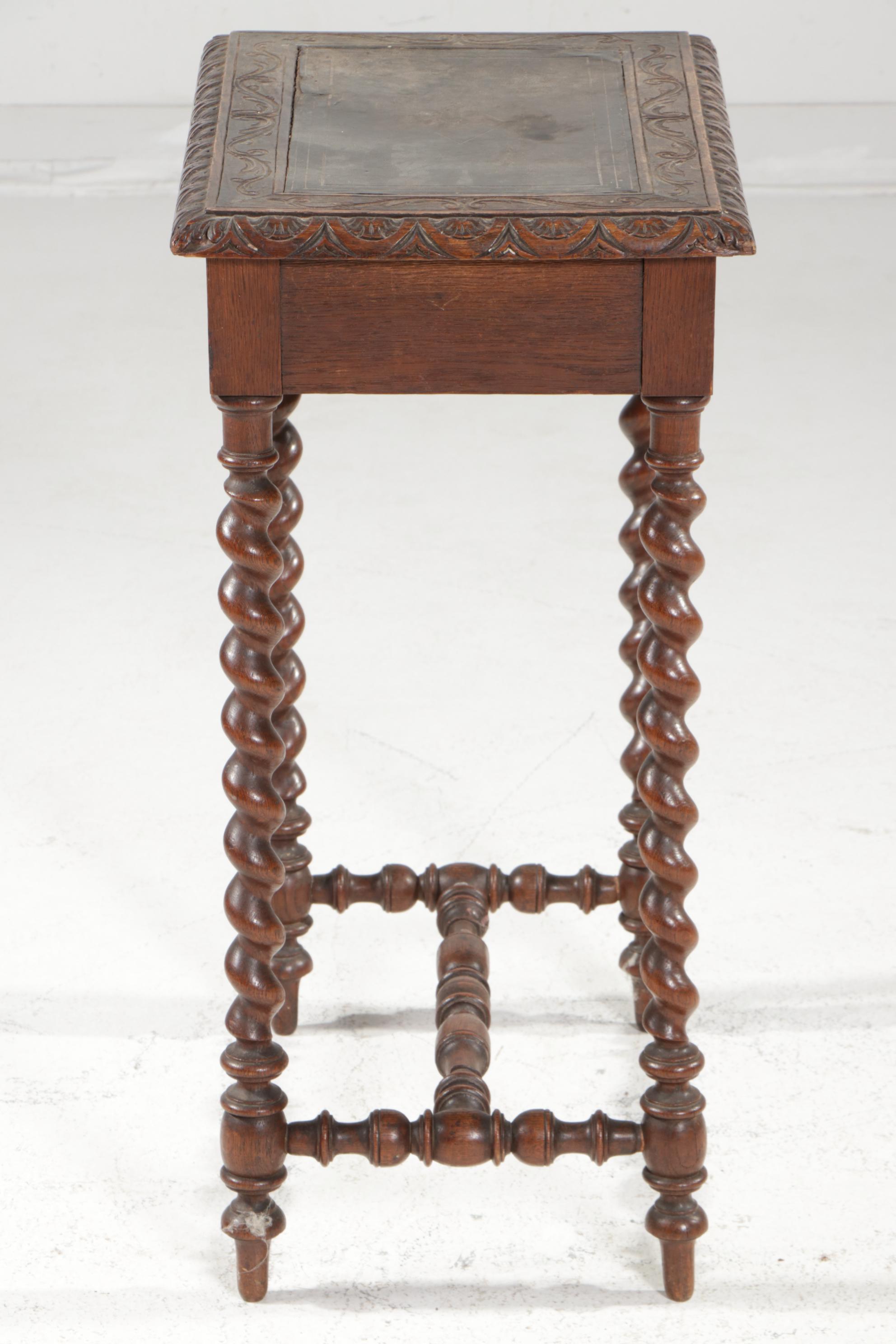 Jacobean Revival Carved Oak Work Table with Leather Top