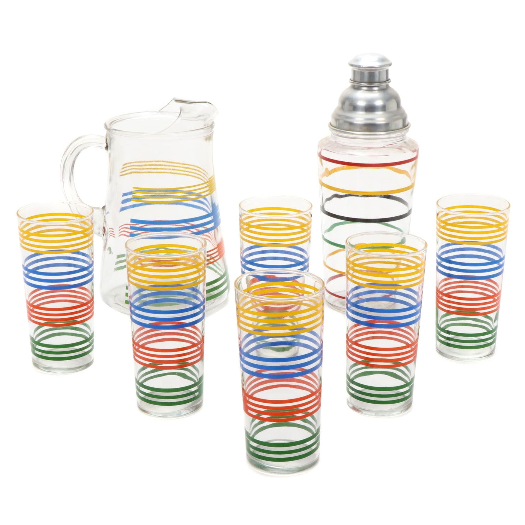 Hazel Atlas "Fiesta Stripe" Juice Glass Set with Pitcher and Shaker, 1950s