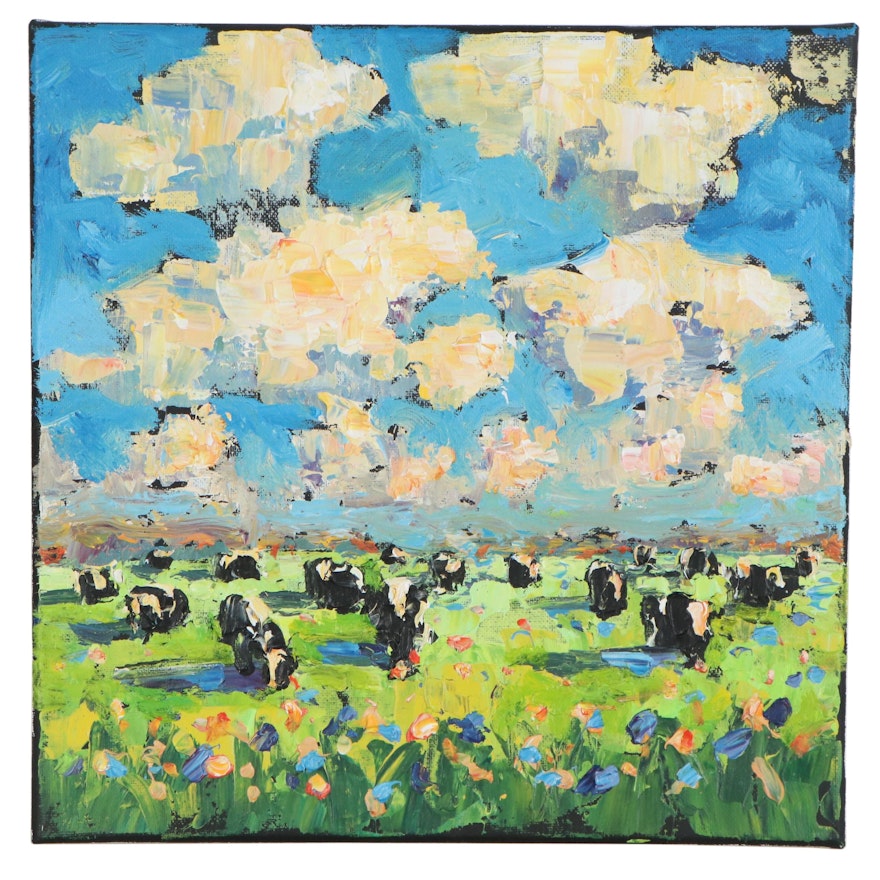 Elle Raines Acrylic Impasto Painting of Cows in a Field