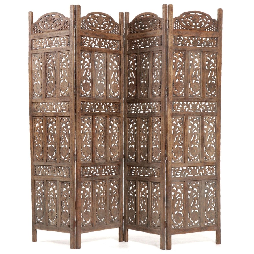 Asian Carved Wood Four Panel Room Screen