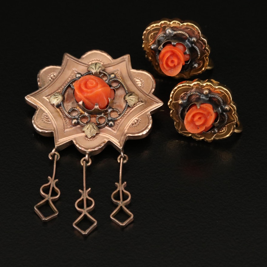 Victorian 10K Carved Rose Brooch and Earrings with Gold Filled Screw Backs Set