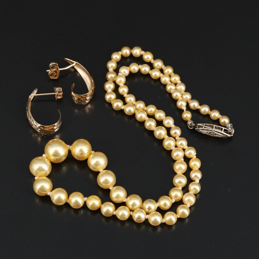 Faux Pearl Necklace with 14K Clasp and 10K Gold Earrings