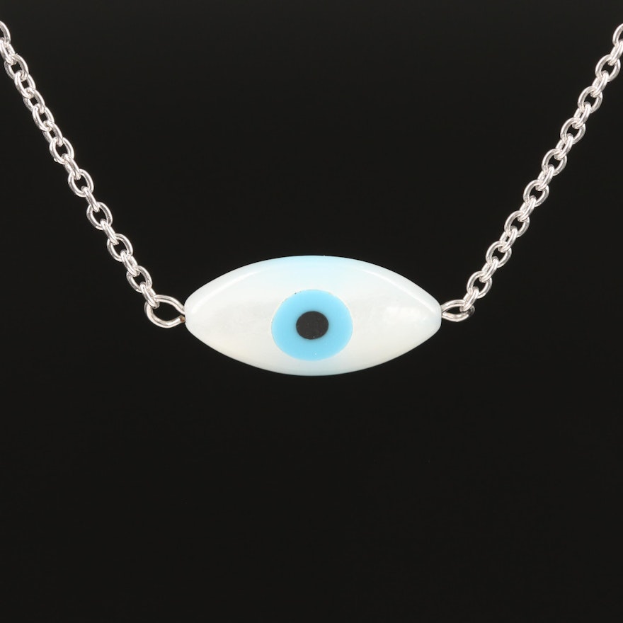 Sterling Mother of Pearl, Faux Turquoise and Faux Black Onyx Evil Eye Necklace