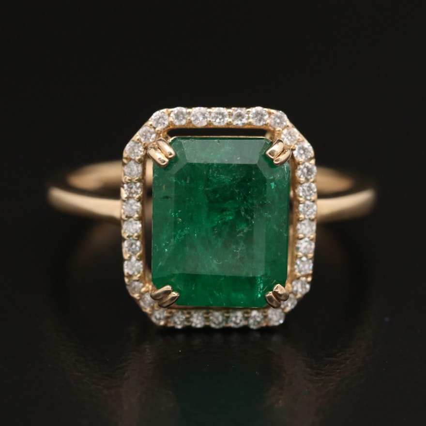 14K 3.33 CT Emerald and Diamond Halo Ring