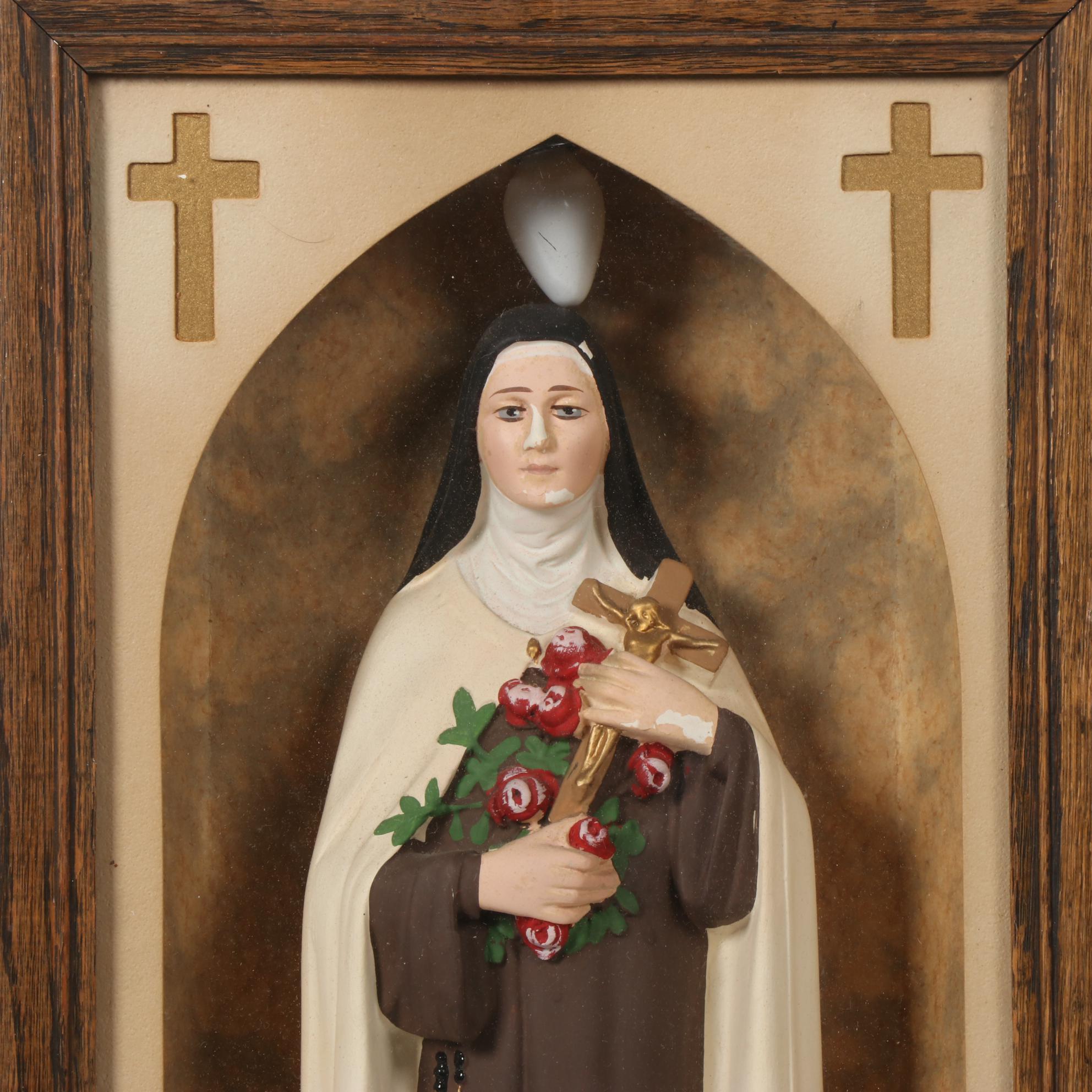 Saint Therese of the Child Jesus Figurine in Illuminated Case, Mid-20th Century