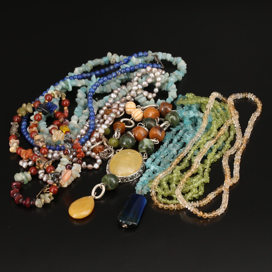 Collection of Beaded Gemstone Necklaces Featuring Lapis Lazuli, Agate and Pearl