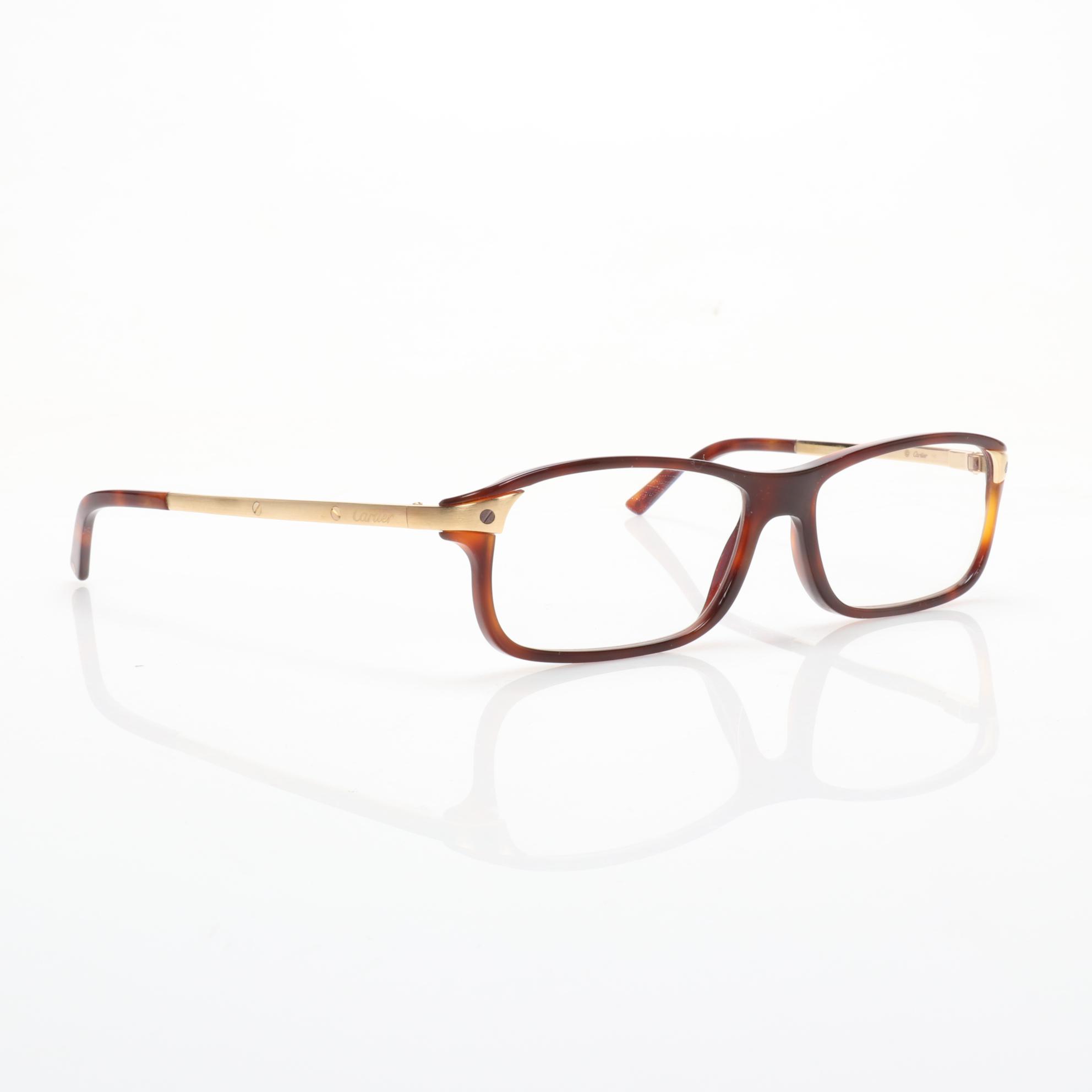 Cartier Faux Tortoise Shell and Gold Finish Rectangular Eyeglasses with Case