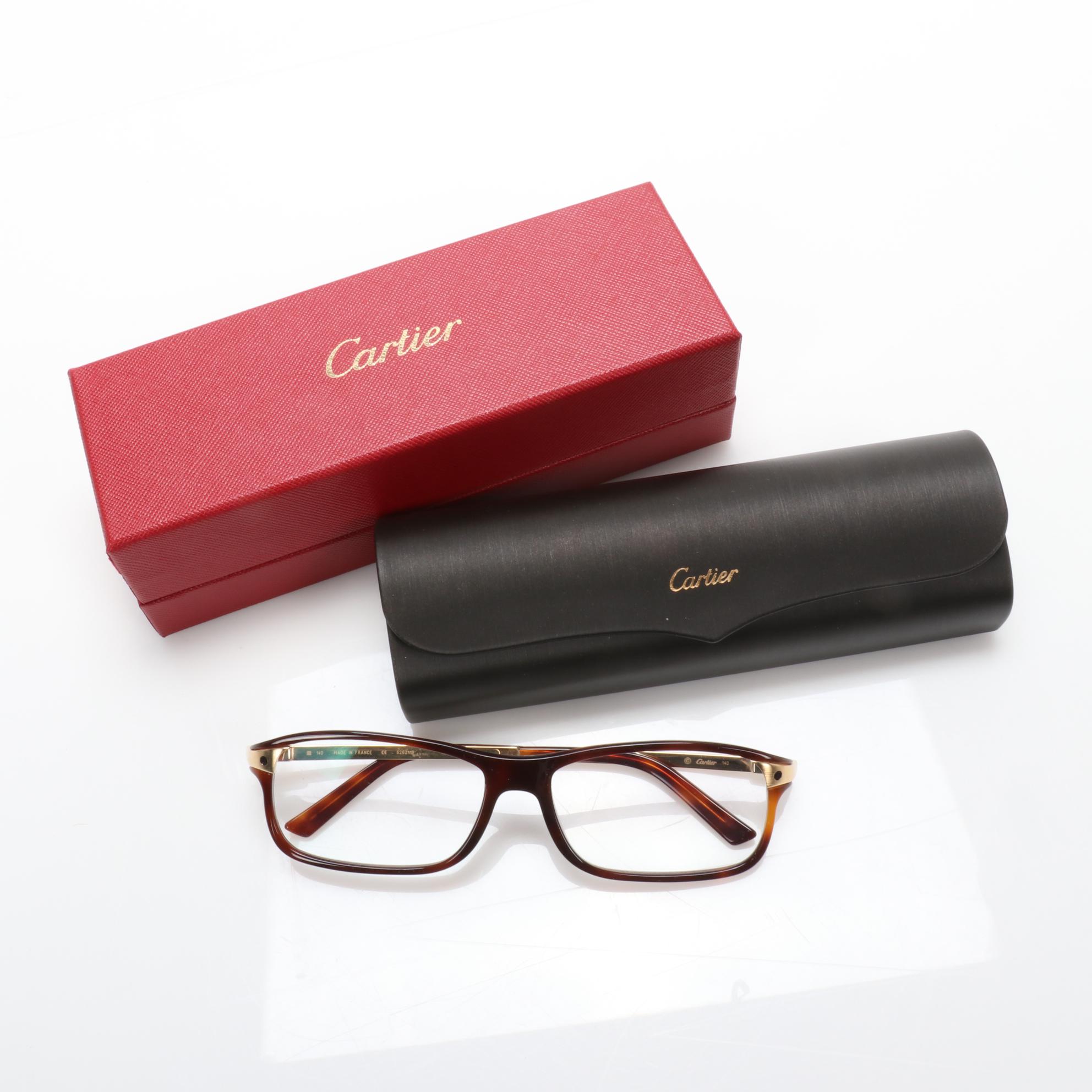 Cartier Faux Tortoise Shell and Gold Finish Rectangular Eyeglasses with Case