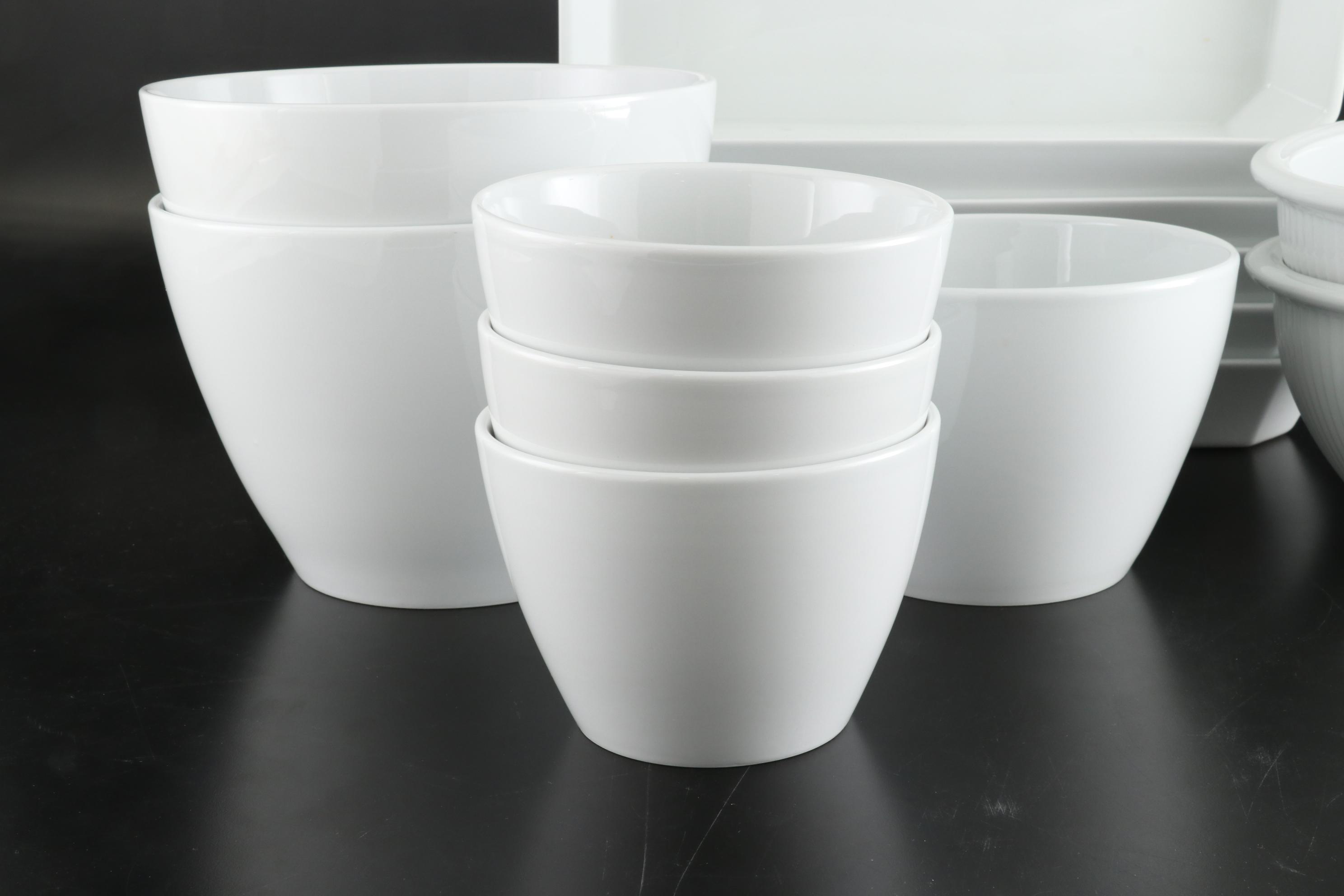 Pillivuyt French White Porcelain Bowls with Rectangular Dishes and Platter