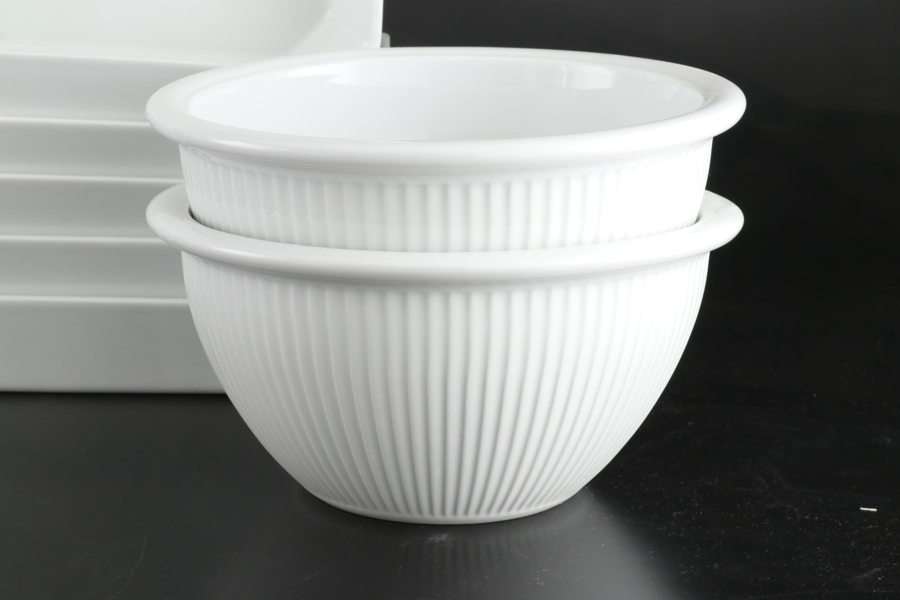 Pillivuyt French White Porcelain Bowls with Rectangular Dishes and Platter