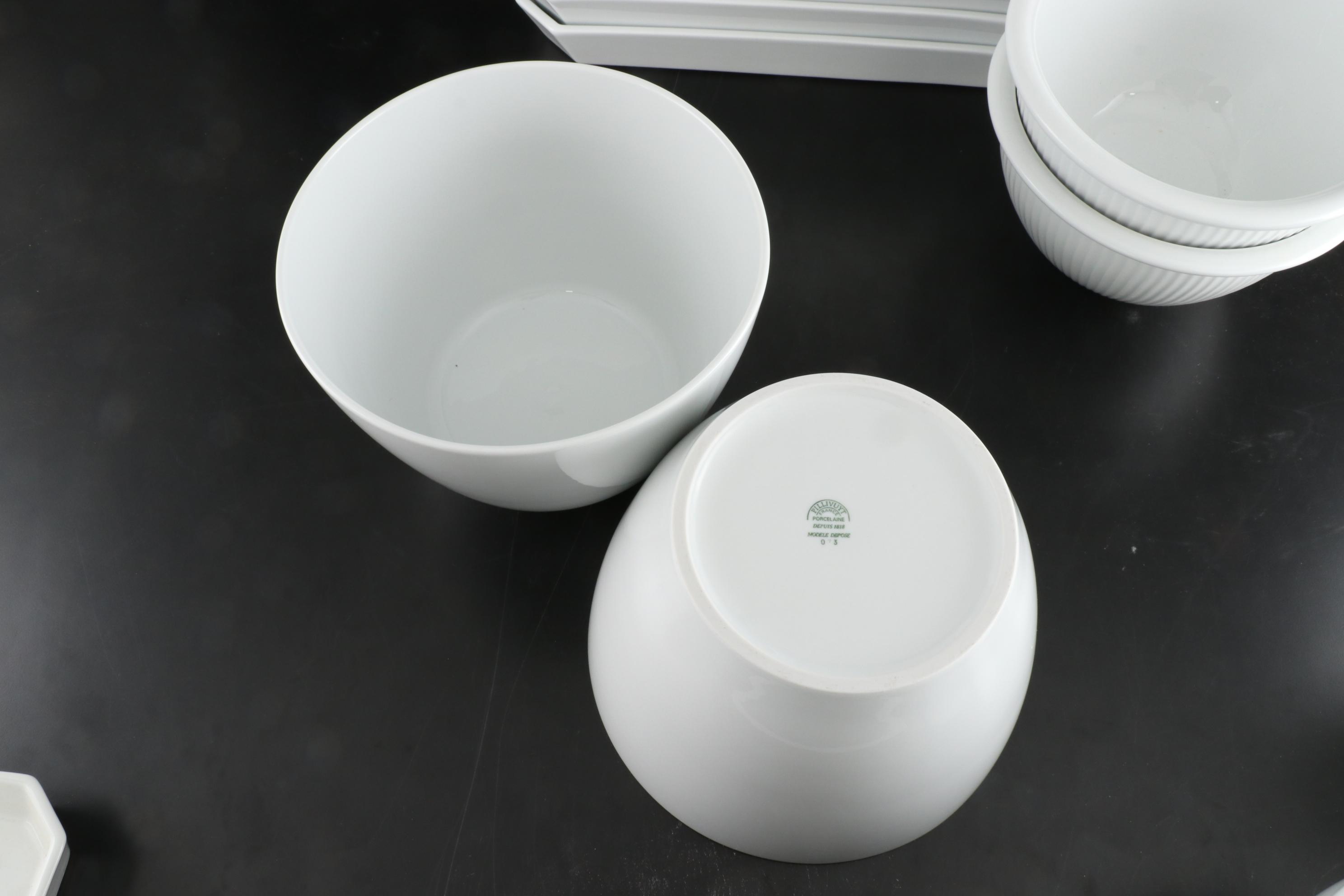 Pillivuyt French White Porcelain Bowls with Rectangular Dishes and Platter