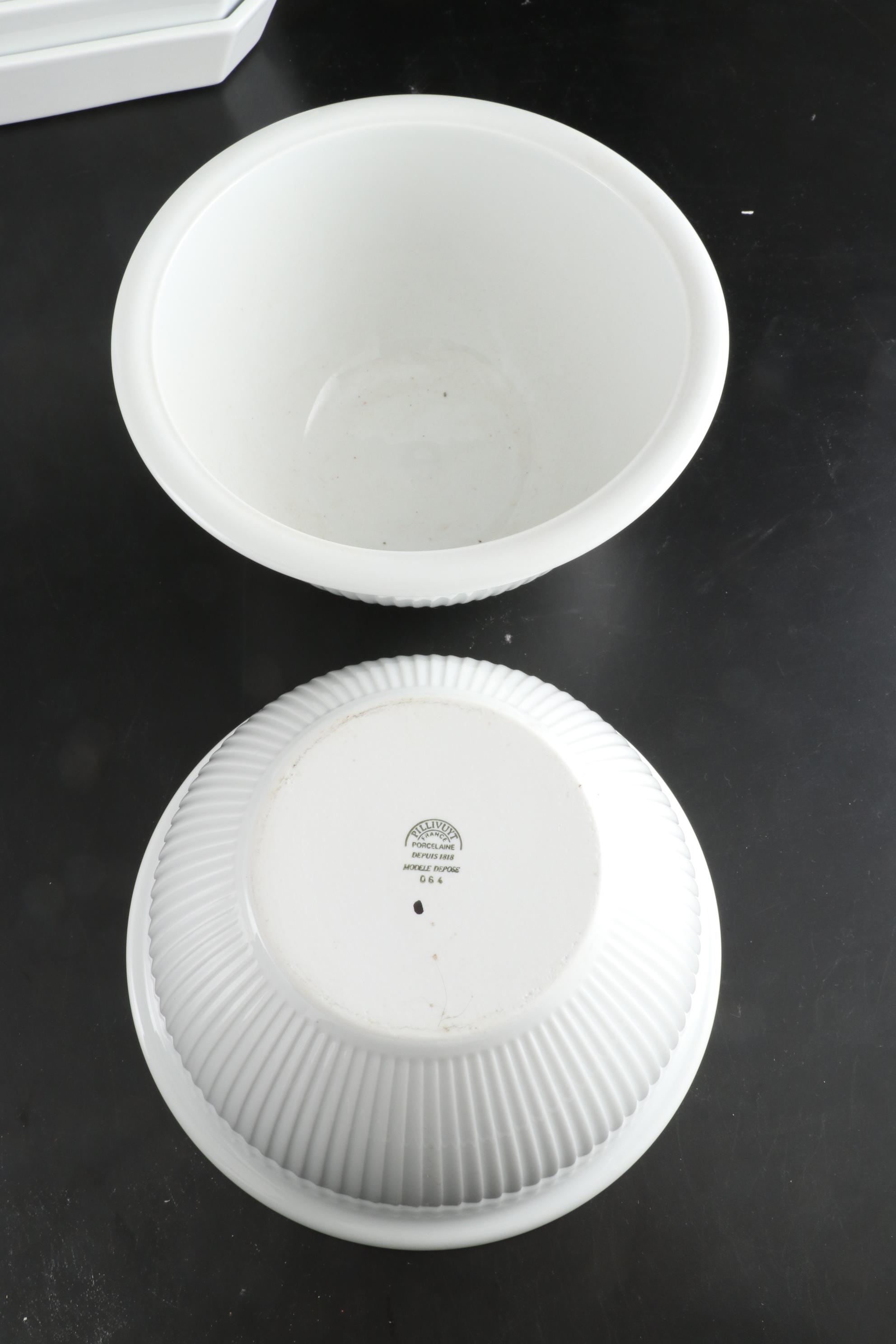 Pillivuyt French White Porcelain Bowls with Rectangular Dishes and Platter