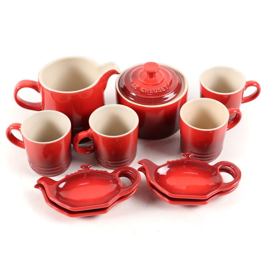 Le Creuset Cerise Stoneware Coffee Mugs, Creamer, Sugar, and Tea Bag Holders