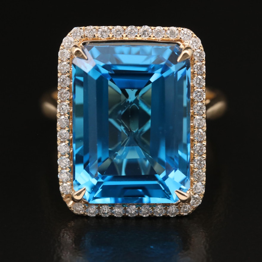 14K 14.00 CT Swiss Blue Topaz and Diamond Halo Ring