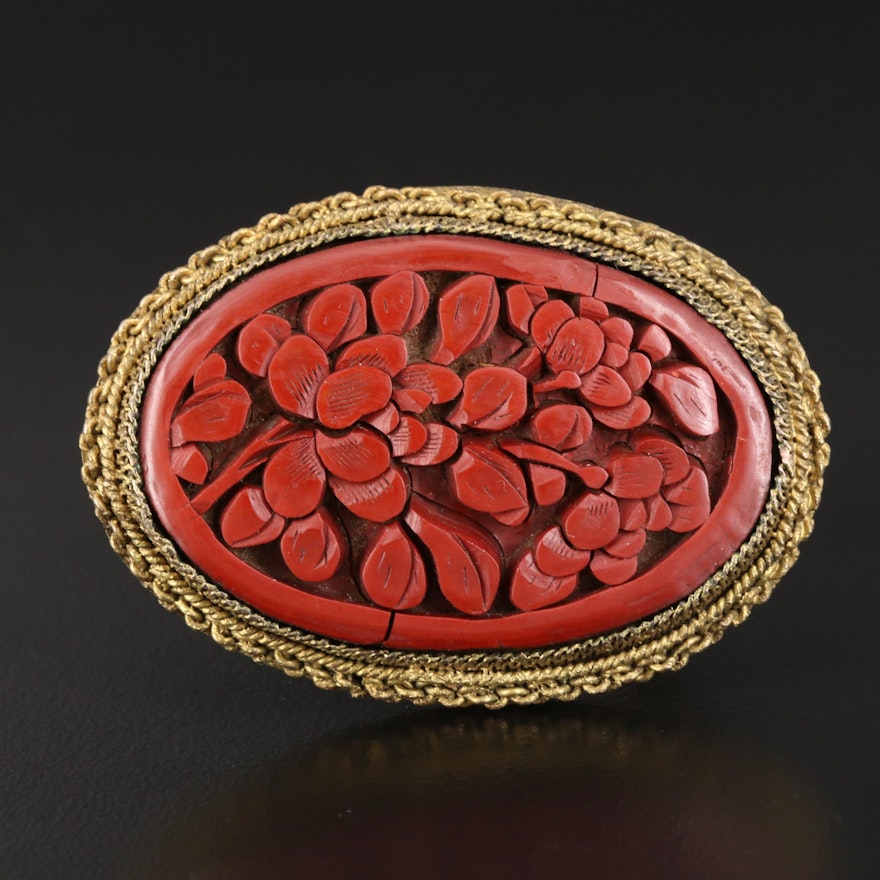 Antique Imitation Cinnabar Oval Brooch with Floral Design