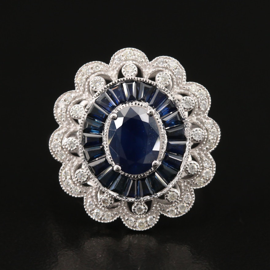 EFFY 14K Sapphire and Diamond Ring with Scalloped Edges and 1.55 CT Center Stone