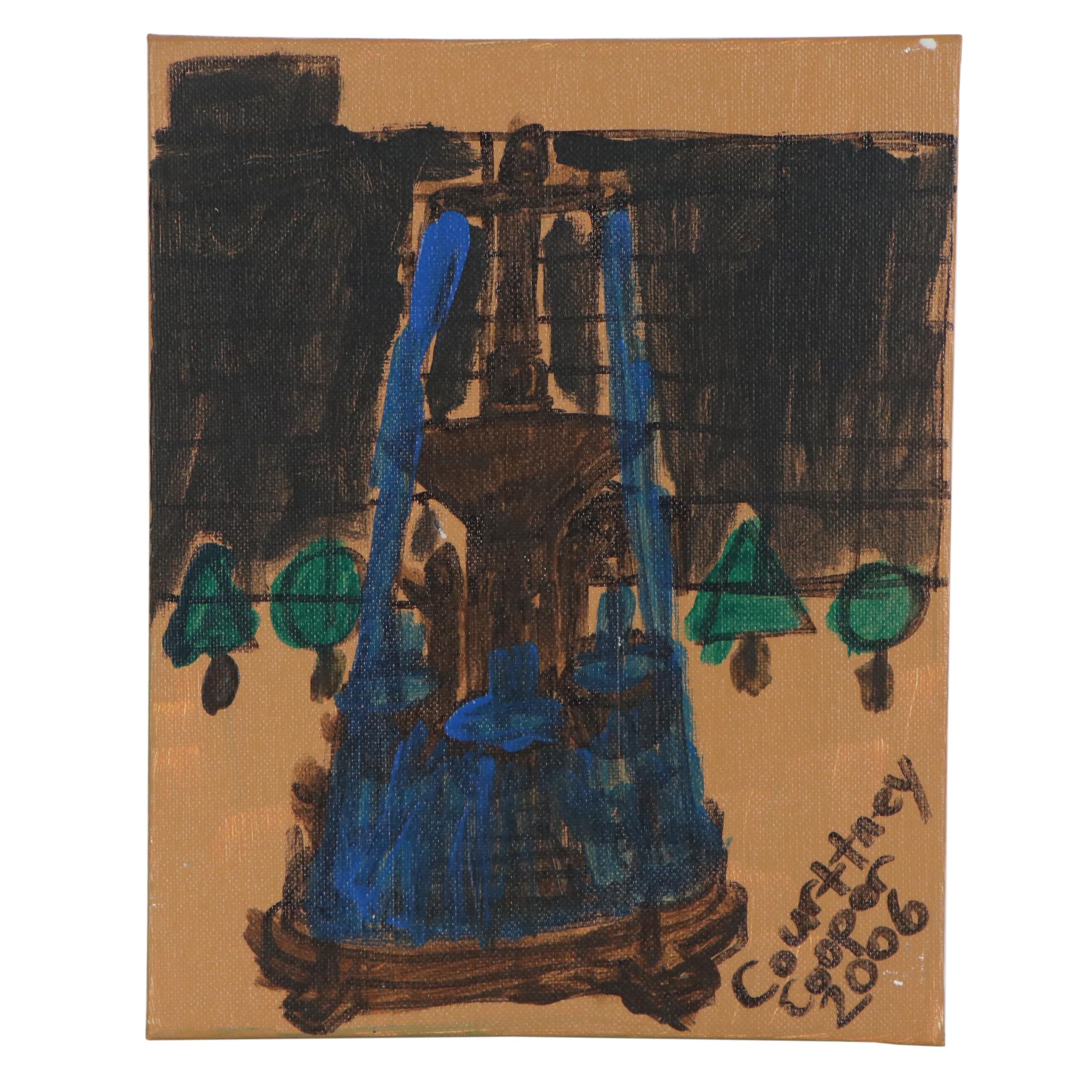 Courttney Cooper Folk Art Acrylic Painting of Fountain Square, 2006
