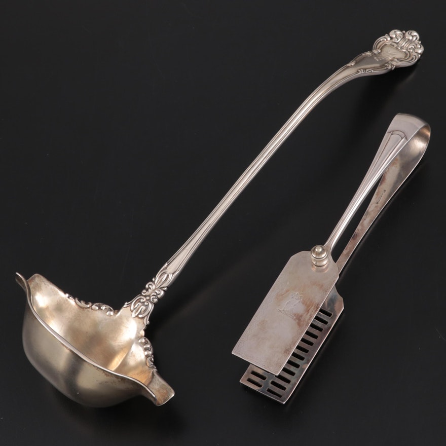 Knowles Sterling Silver Ladle with Thomas Bradbury Silver Plate Asparagus Tongs