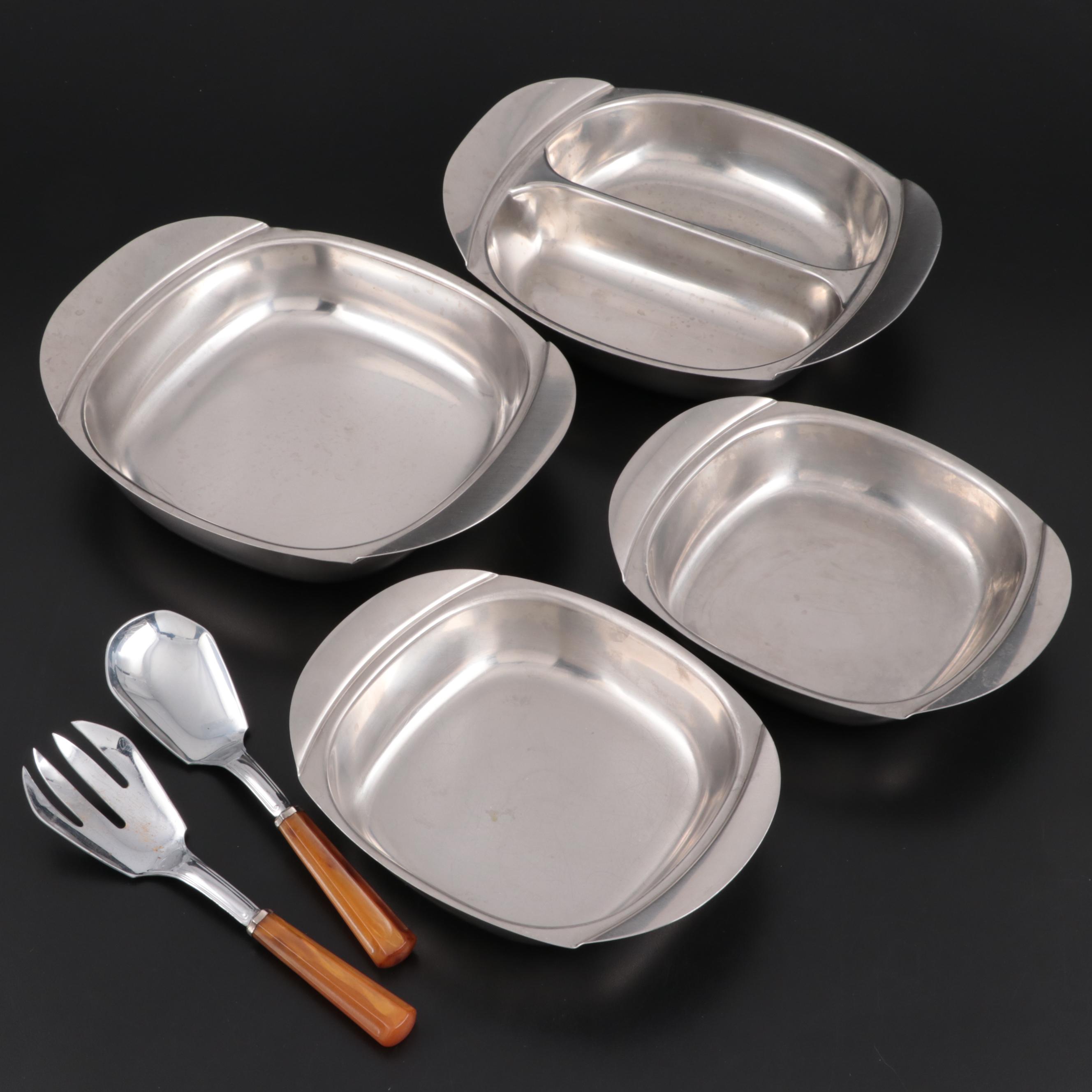 Swedish Fraser Stainless Serving Bowls and Butterscotch Handled Salad Servers
