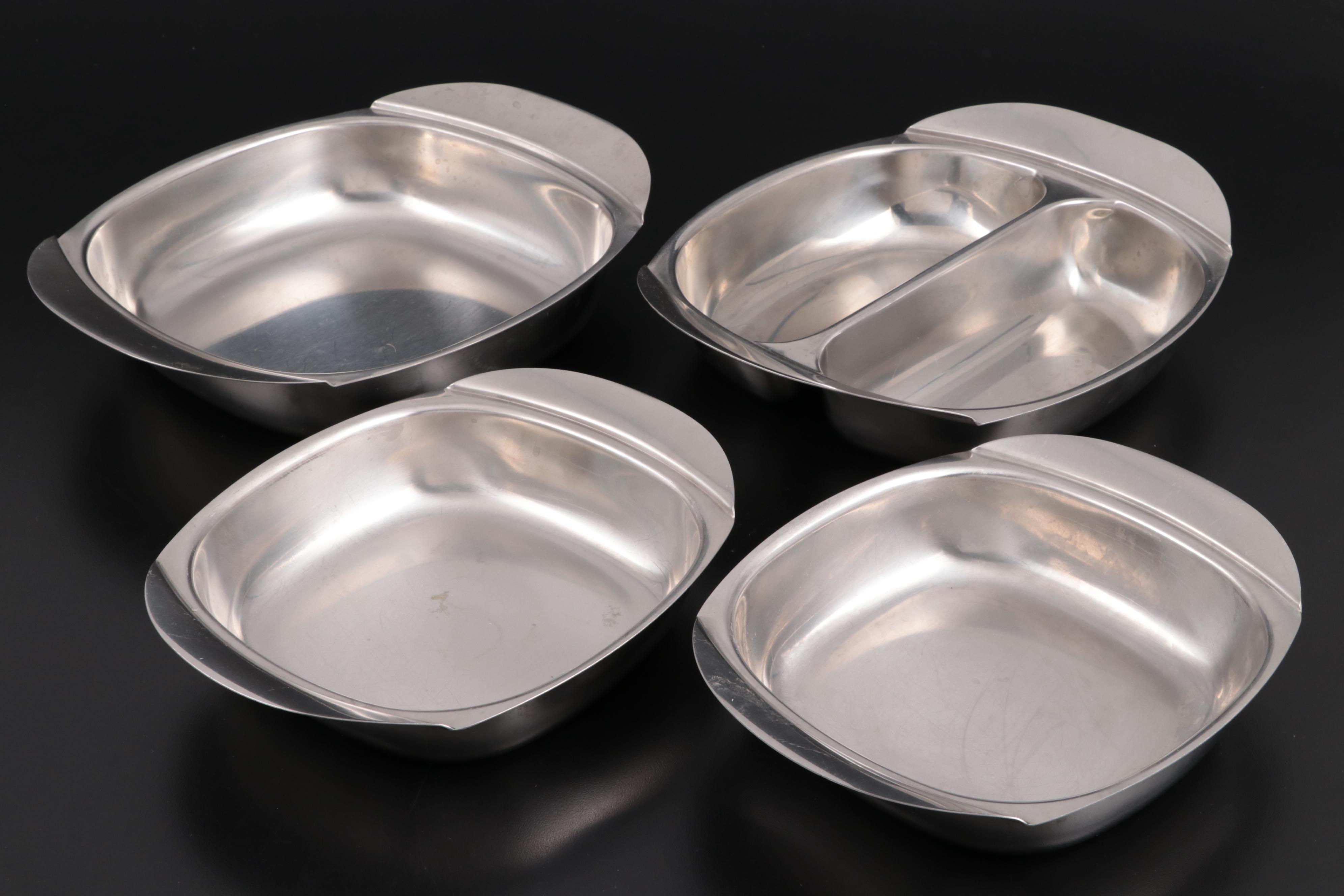 Swedish Fraser Stainless Serving Bowls and Butterscotch Handled Salad Servers