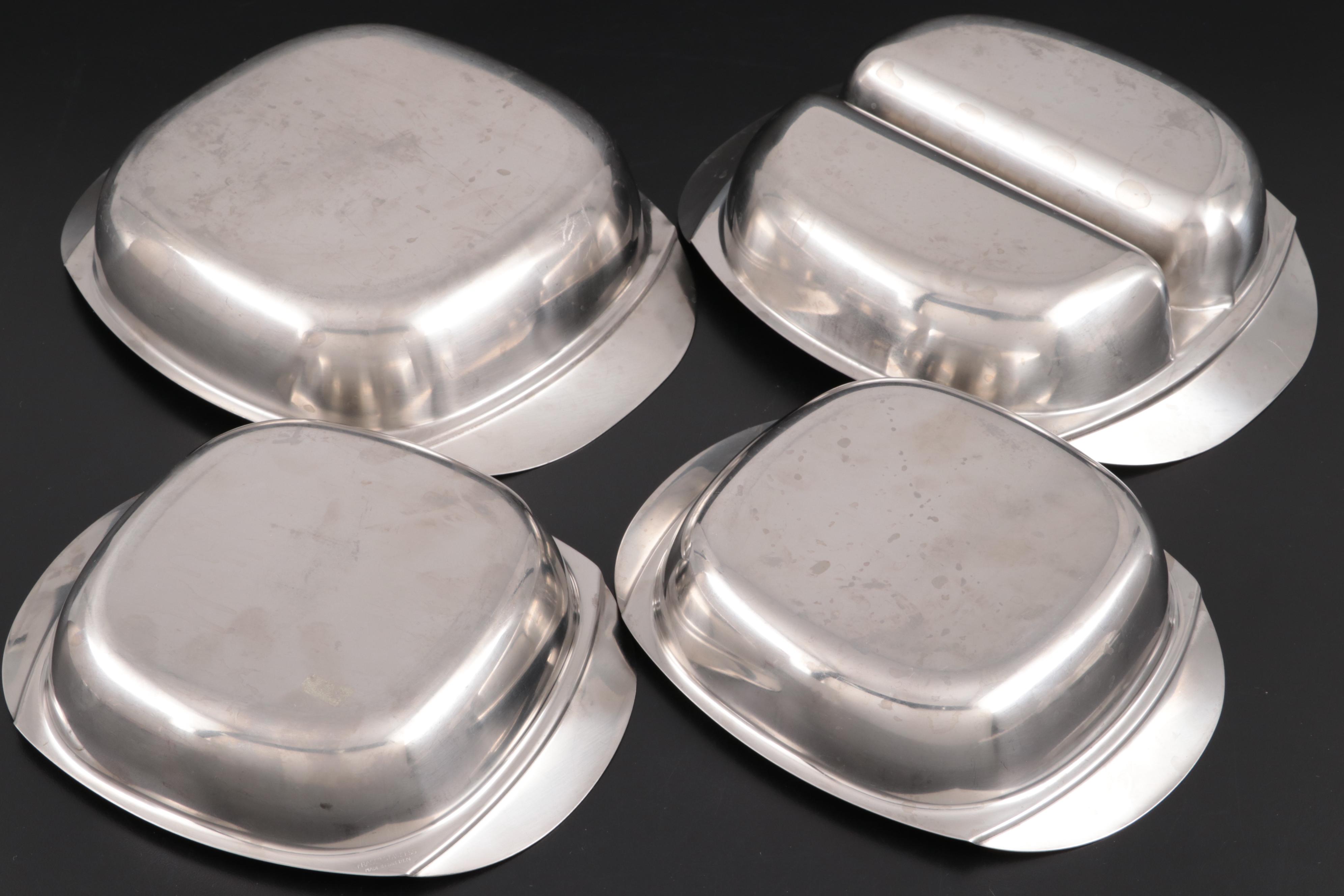 Swedish Fraser Stainless Serving Bowls and Butterscotch Handled Salad Servers