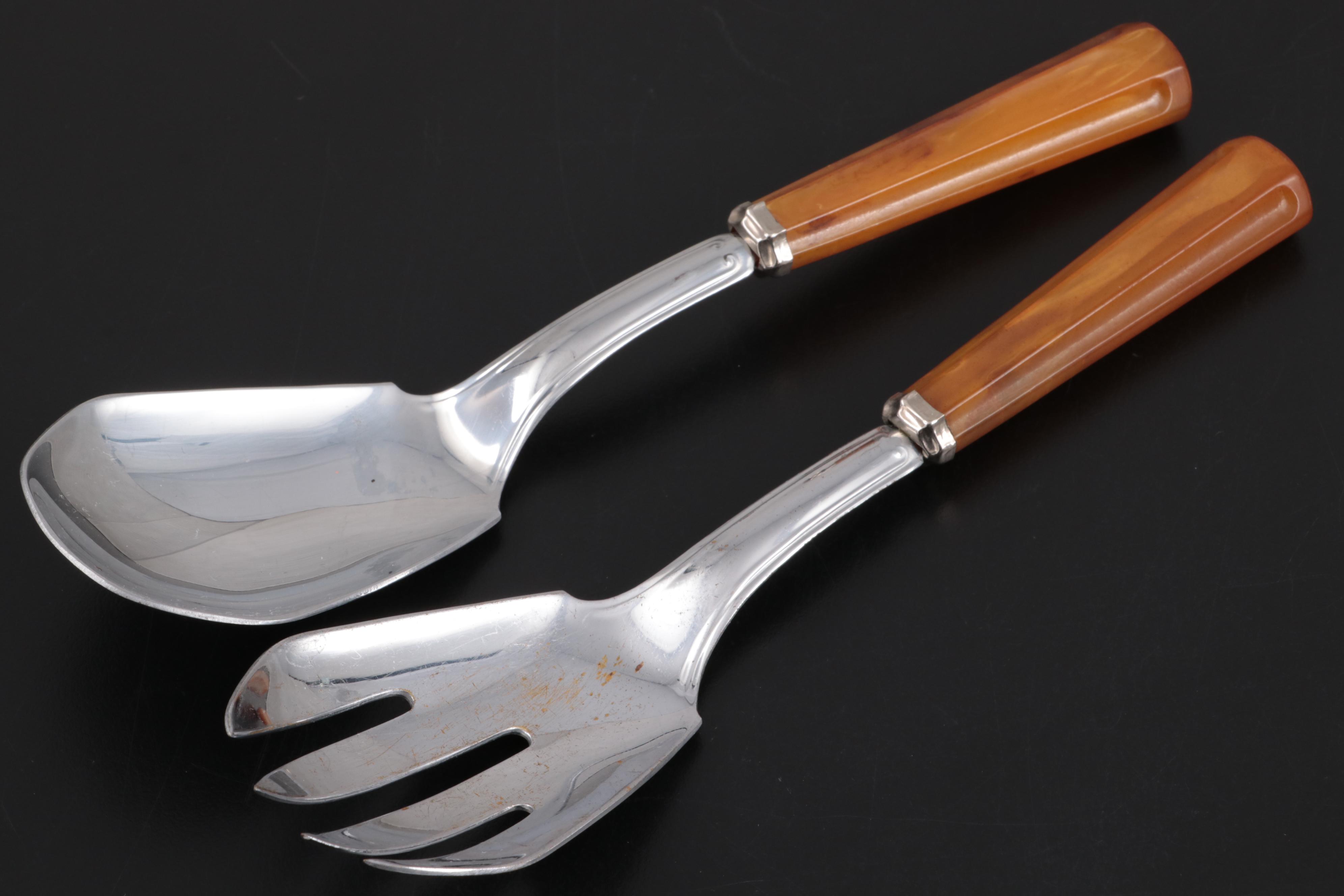 Swedish Fraser Stainless Serving Bowls and Butterscotch Handled Salad Servers