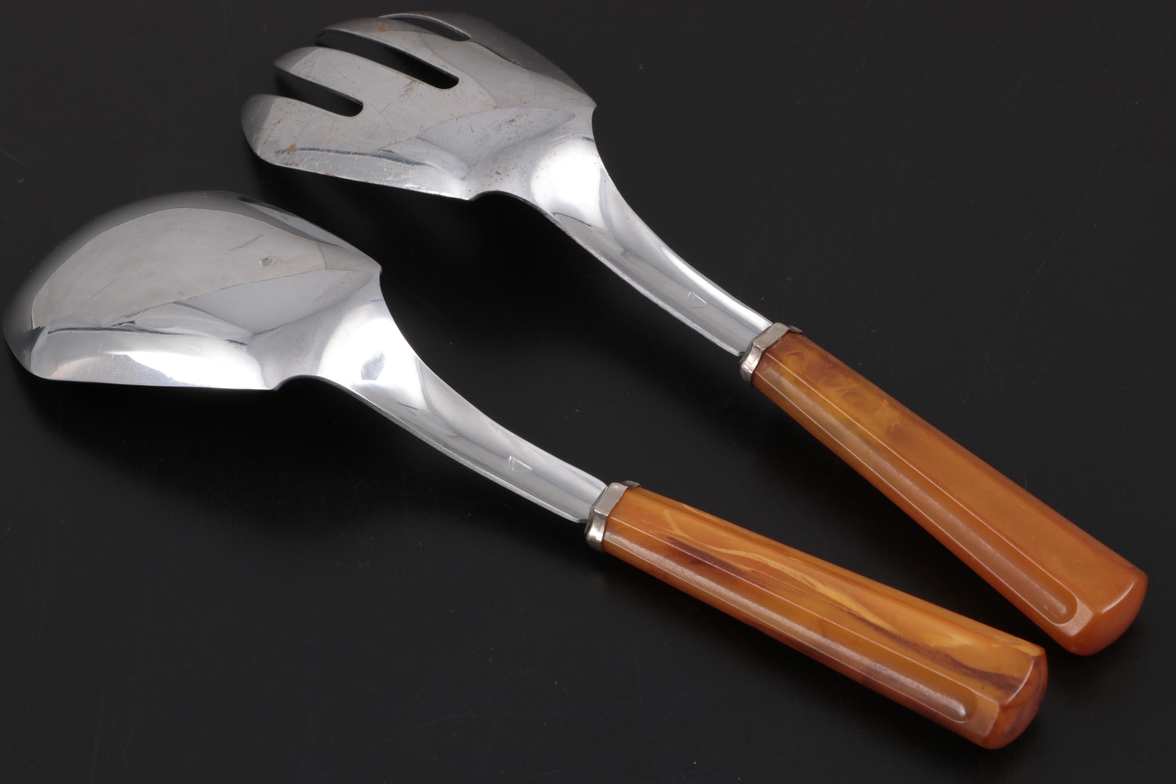 Swedish Fraser Stainless Serving Bowls and Butterscotch Handled Salad Servers