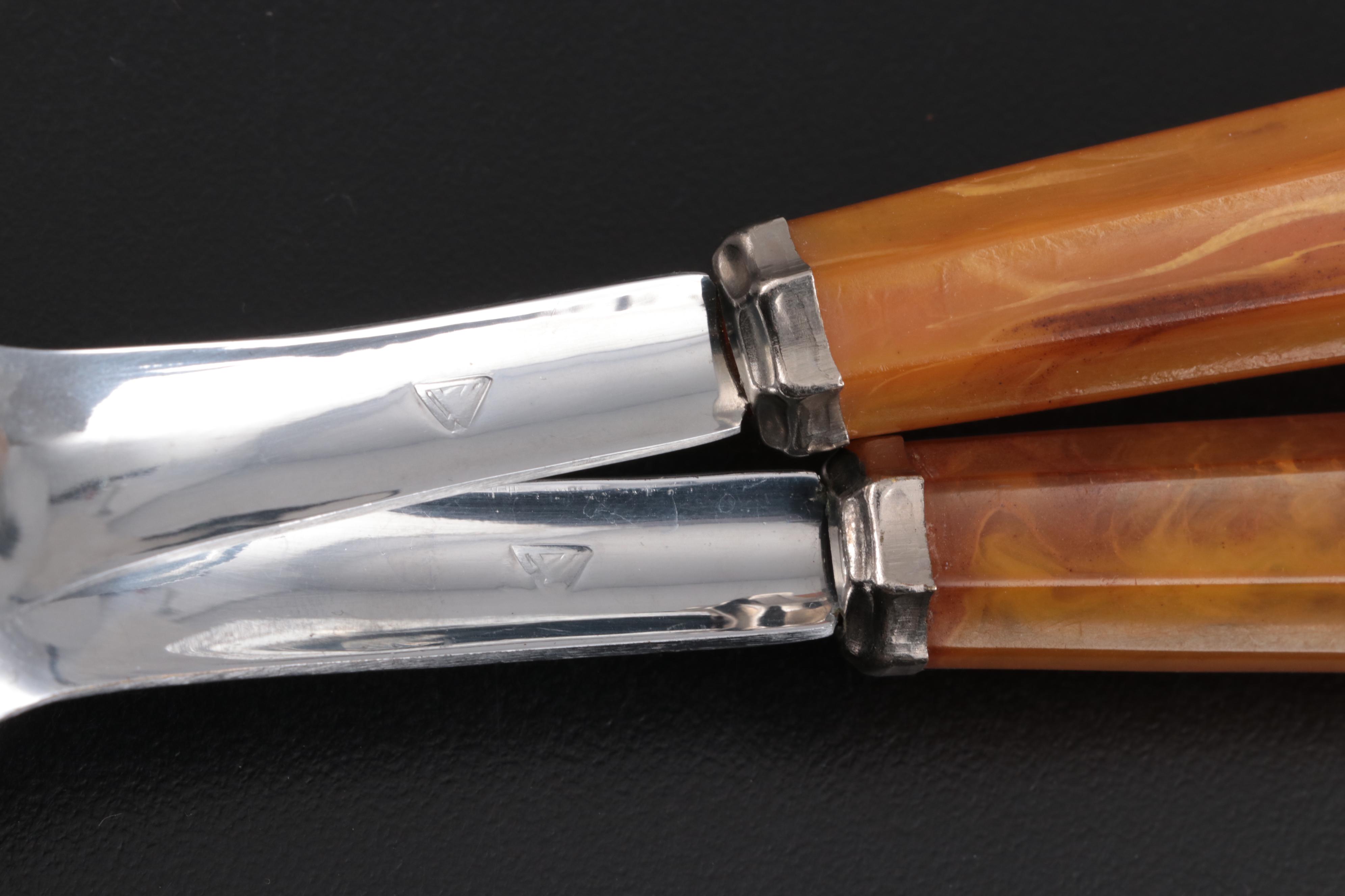 Swedish Fraser Stainless Serving Bowls and Butterscotch Handled Salad Servers