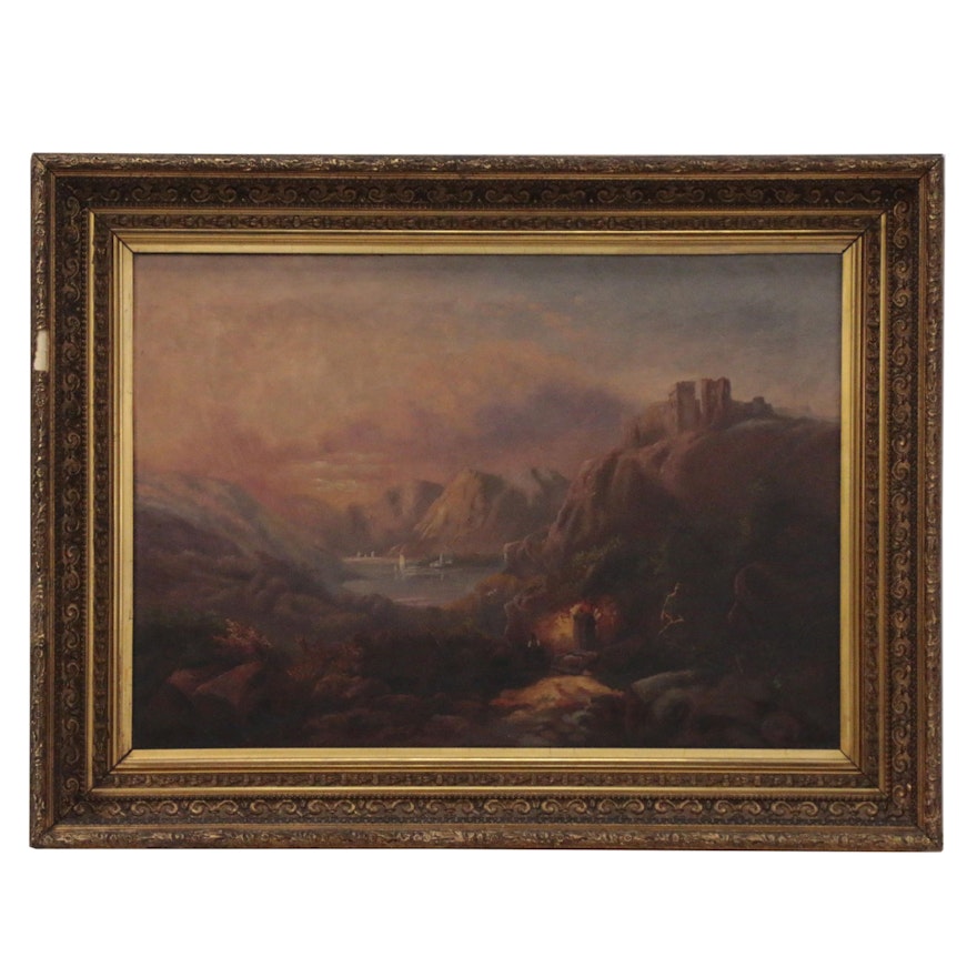 Romantic Style Landscape Oil Painting with Castle, Late 19th Century