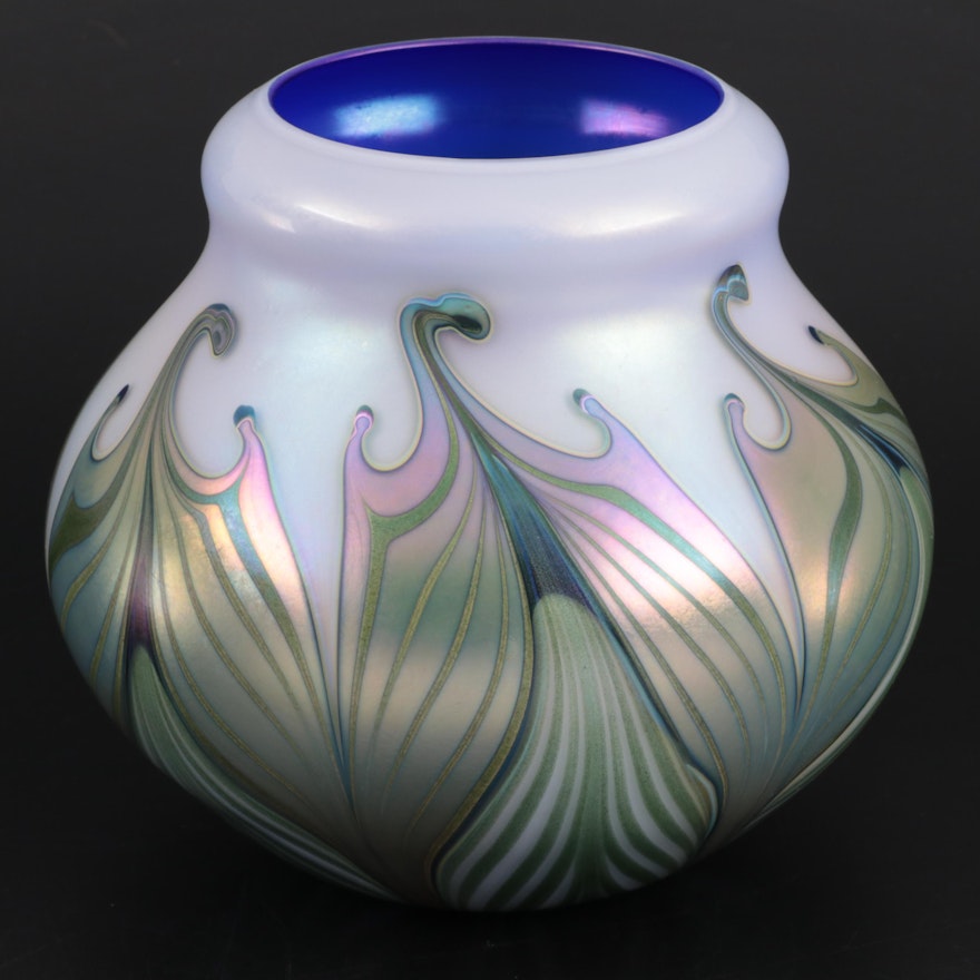 Charles Lotton Pulled Feather Iridescent Art Glass Vase, 1989