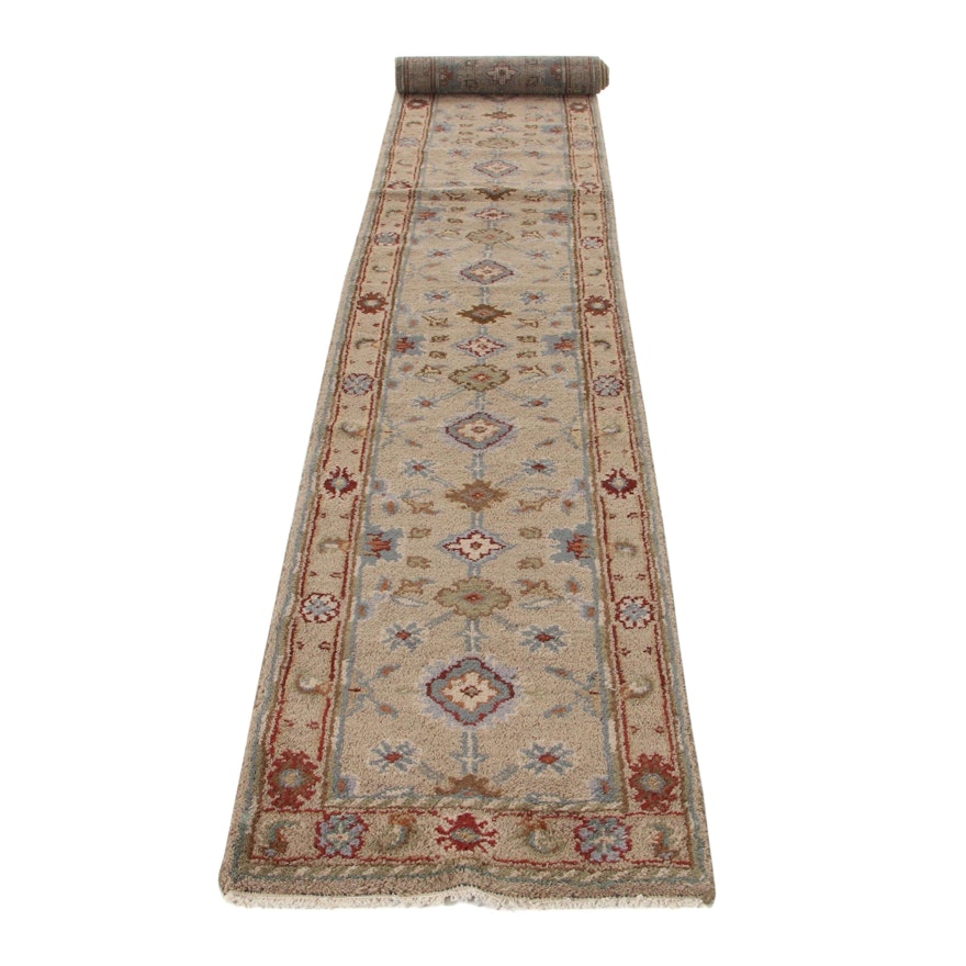 2'7 x 16'1 Hand-Knotted Indo-Turkish Oushak Carpet Runner, 2010s