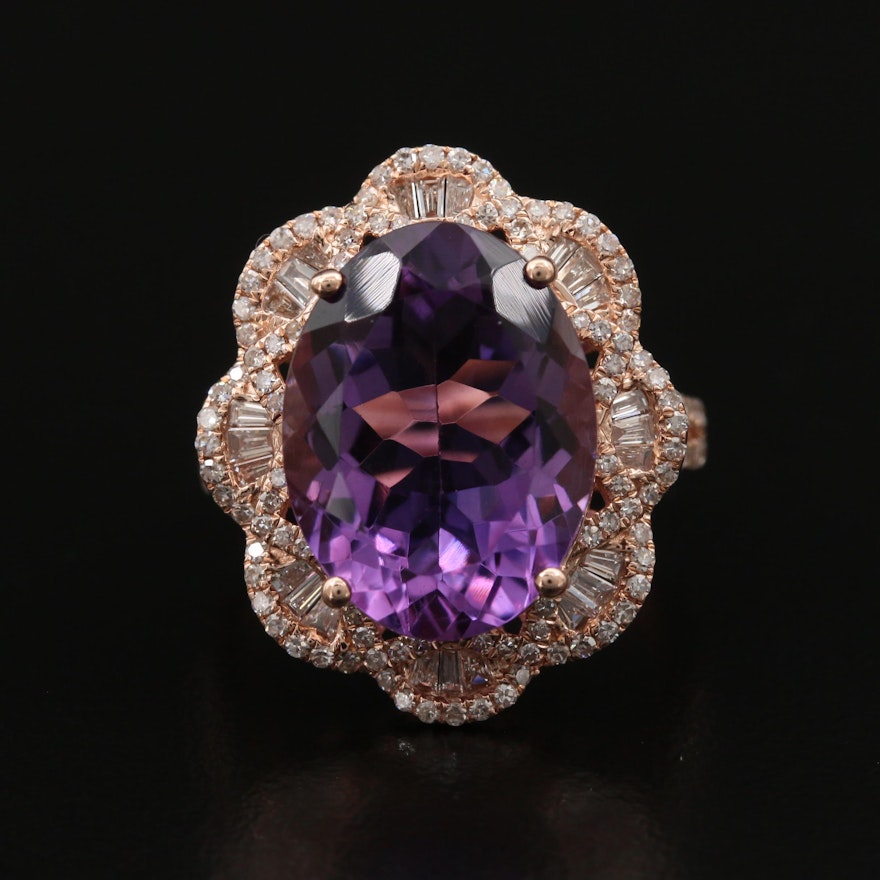 EFFY 14K 8.50 CT Amethyst and Diamond Ring with Scalloped Edges