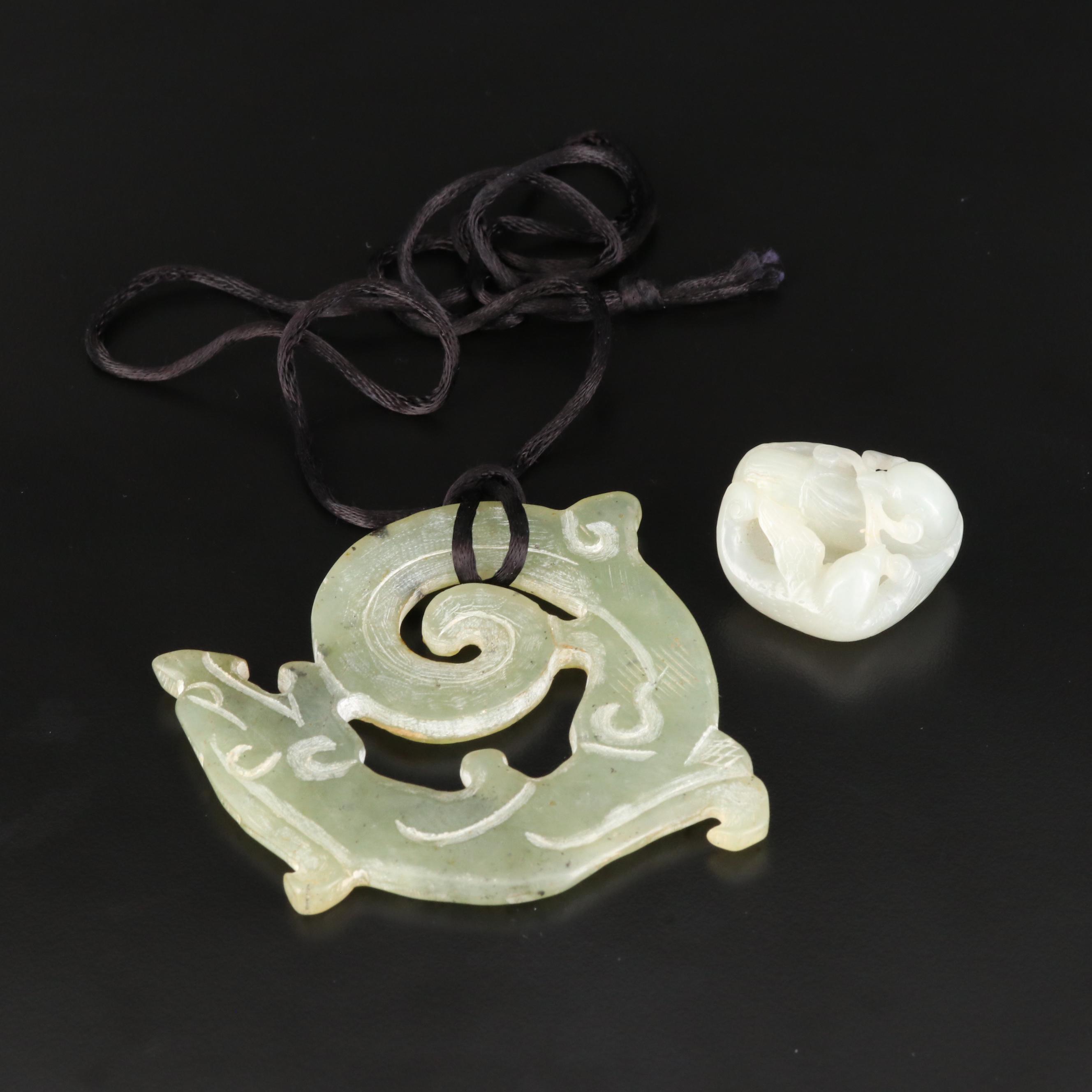 Carved Serpentine Dragon Pendant Necklace with Nephrite Bird Pendant