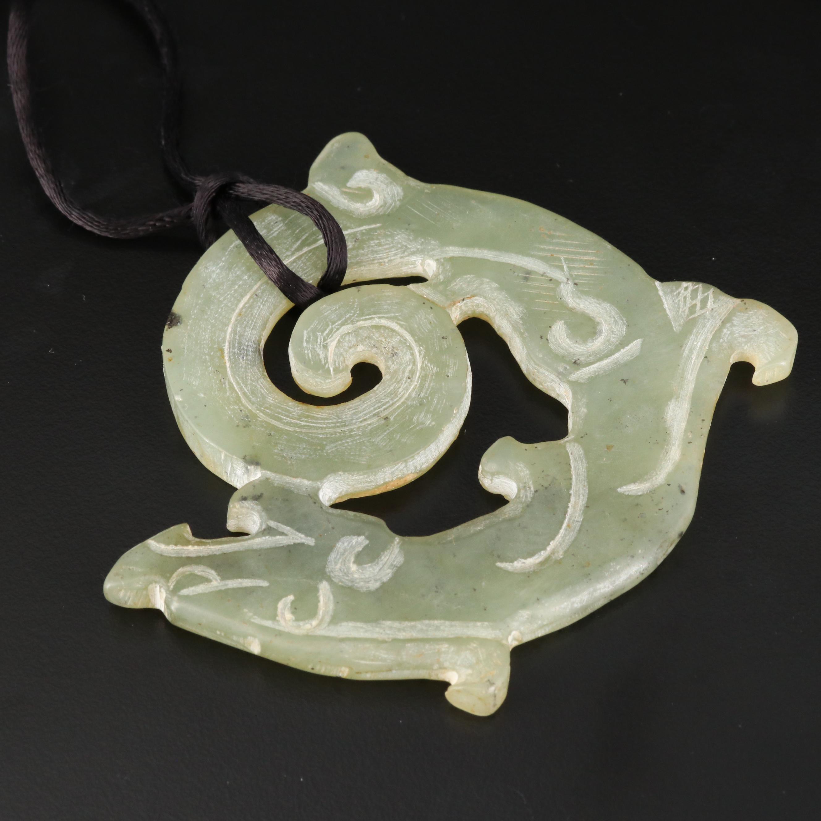 Carved Serpentine Dragon Pendant Necklace with Nephrite Bird Pendant