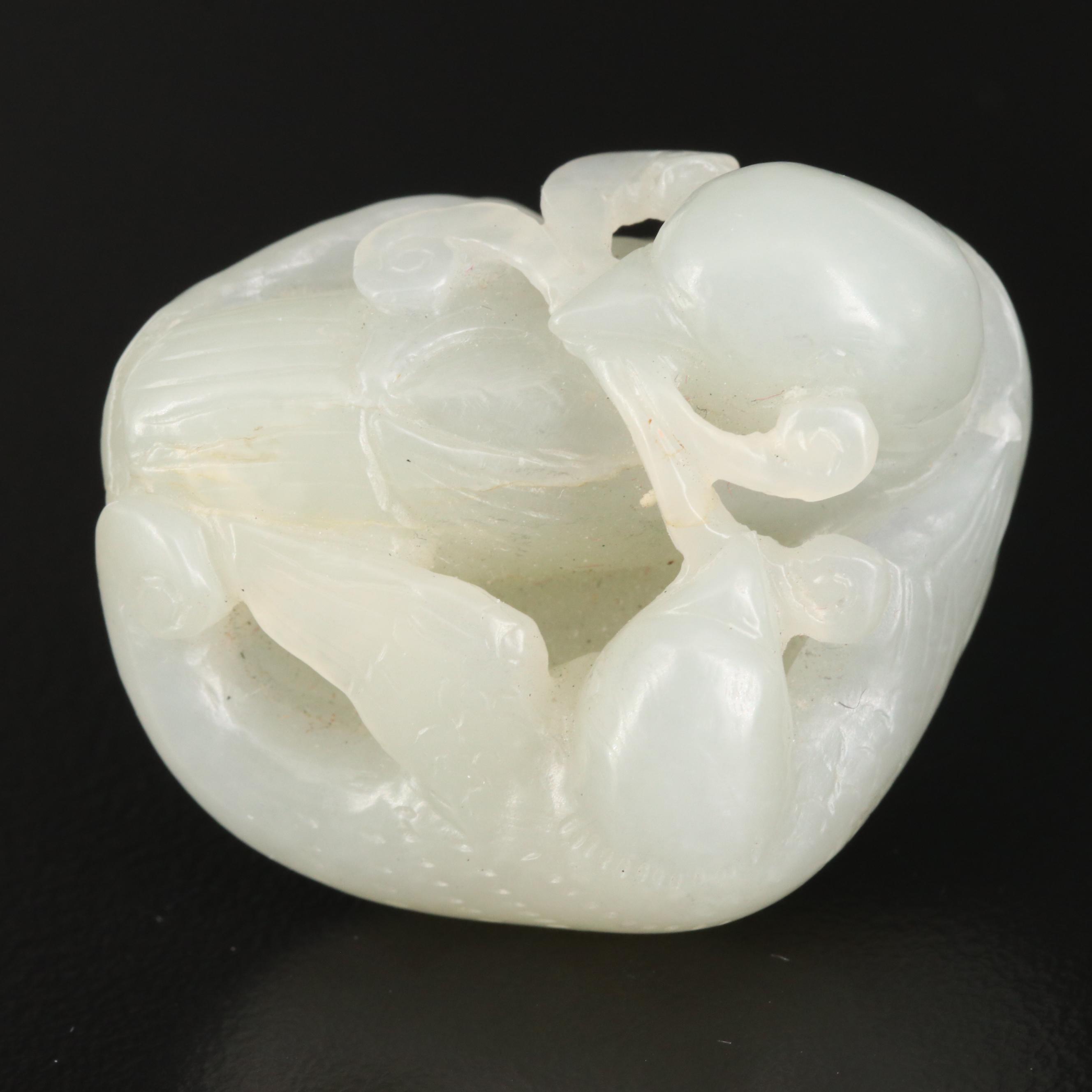 Carved Serpentine Dragon Pendant Necklace with Nephrite Bird Pendant