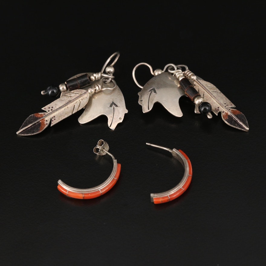 Western Style Sterling Earrings Featuring Horn, Black Onyx and Coral.