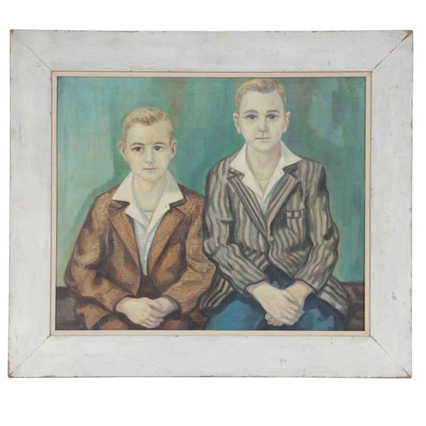 Portrait Oil Painting of Two Young Boys, Early-Mid 20th Century