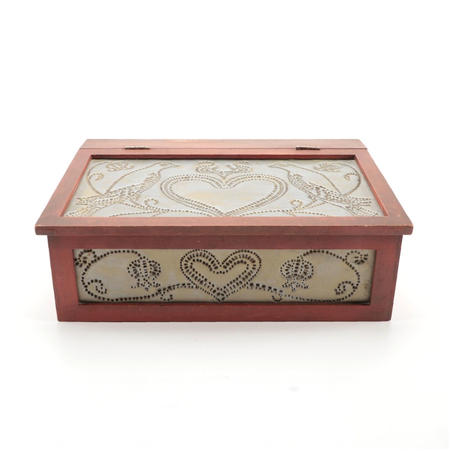 Wilton-Lee Ltd. Wooden Bread Box with Lovebirds Motif Punched Metal Panels