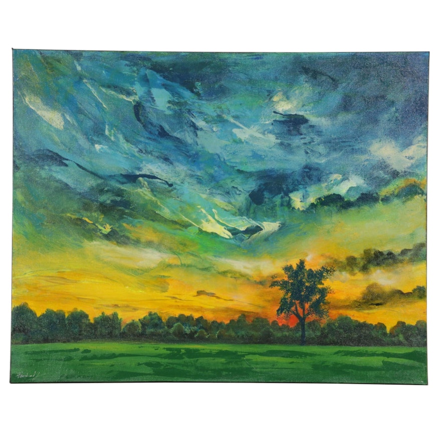 Farshad Lanjani Acrylic Painting of Park Landscape with Sunset, 21st Century