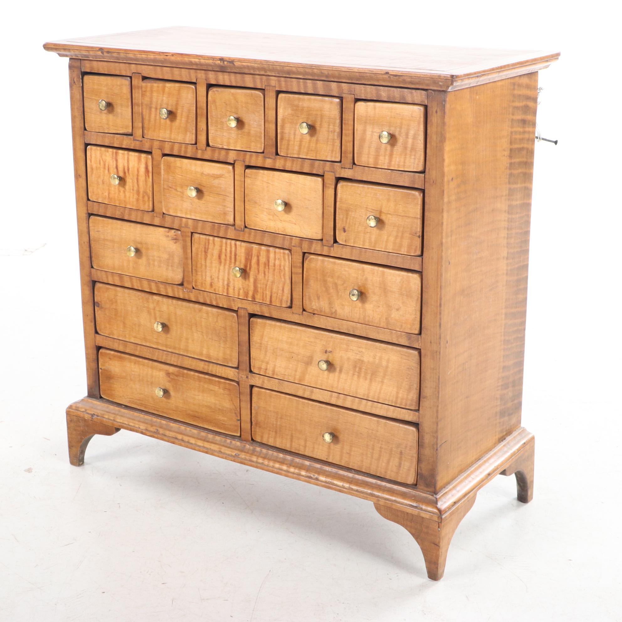 Small Curly Maple Spice or Apothecary Chest, Mid to Late 20th Century