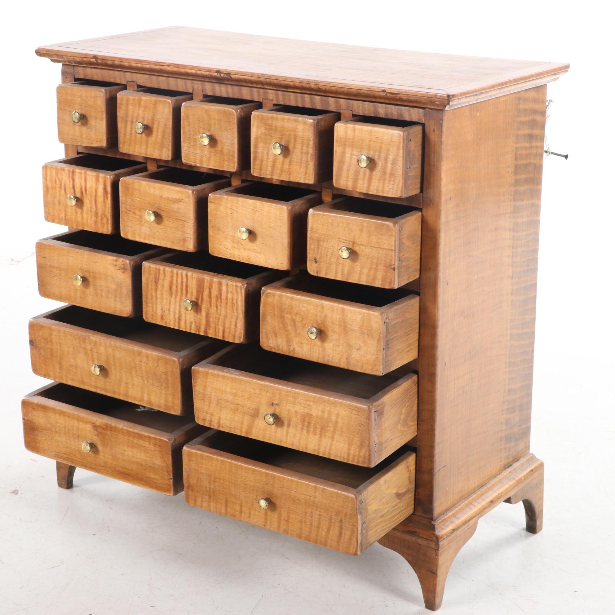 Small Curly Maple Spice or Apothecary Chest, Mid to Late 20th Century