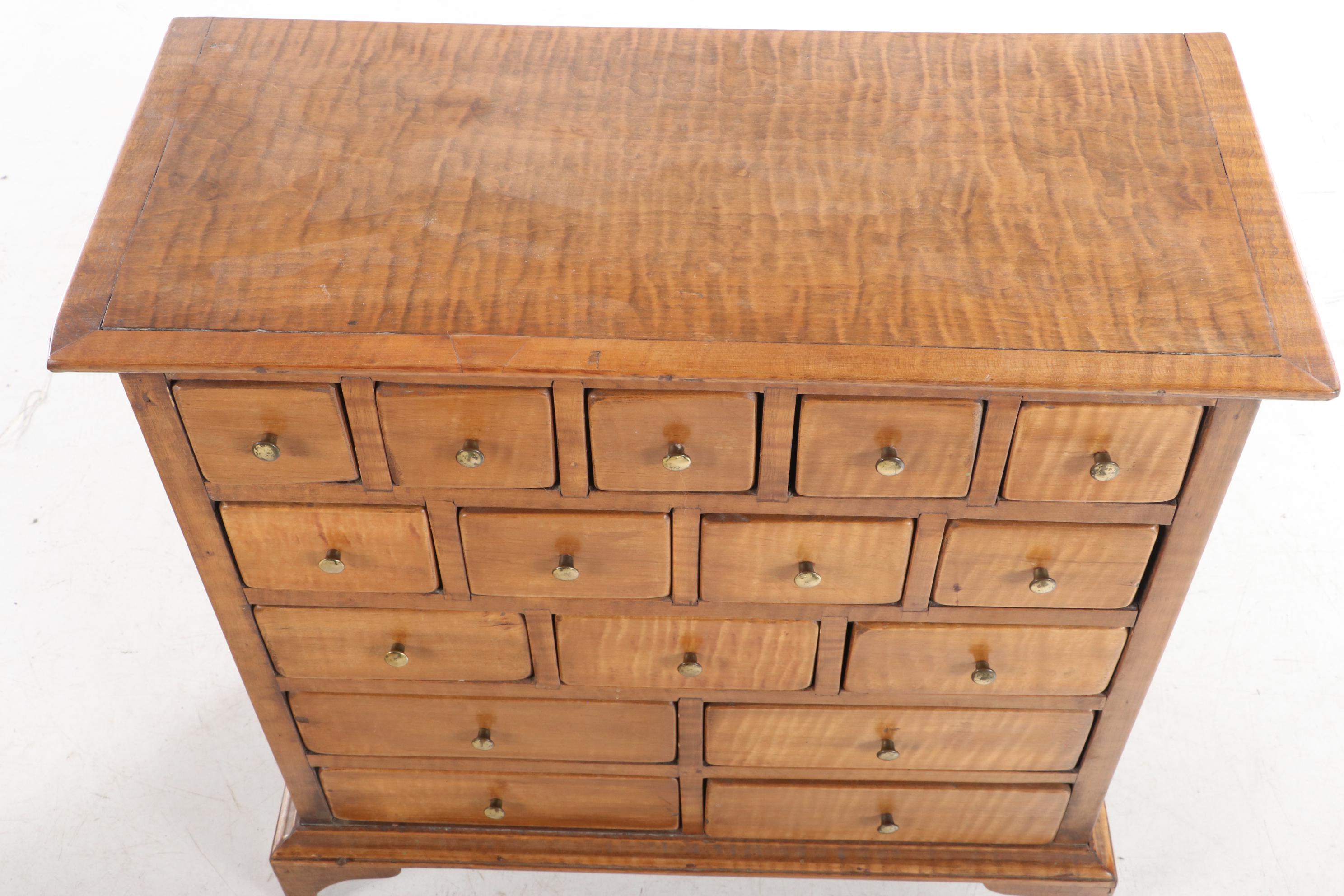 Small Curly Maple Spice or Apothecary Chest, Mid to Late 20th Century