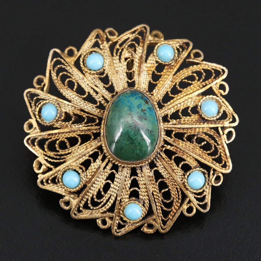 Israeli 935 Silver Eilat Stone and Turquoise Filigree Brooch