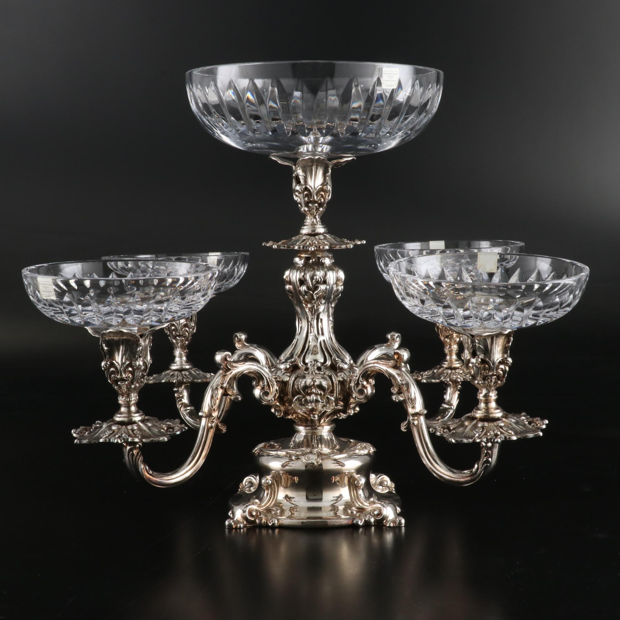 Reed & Barton Silver Plate Epergne with Miller Rogaska Crystal Bowls