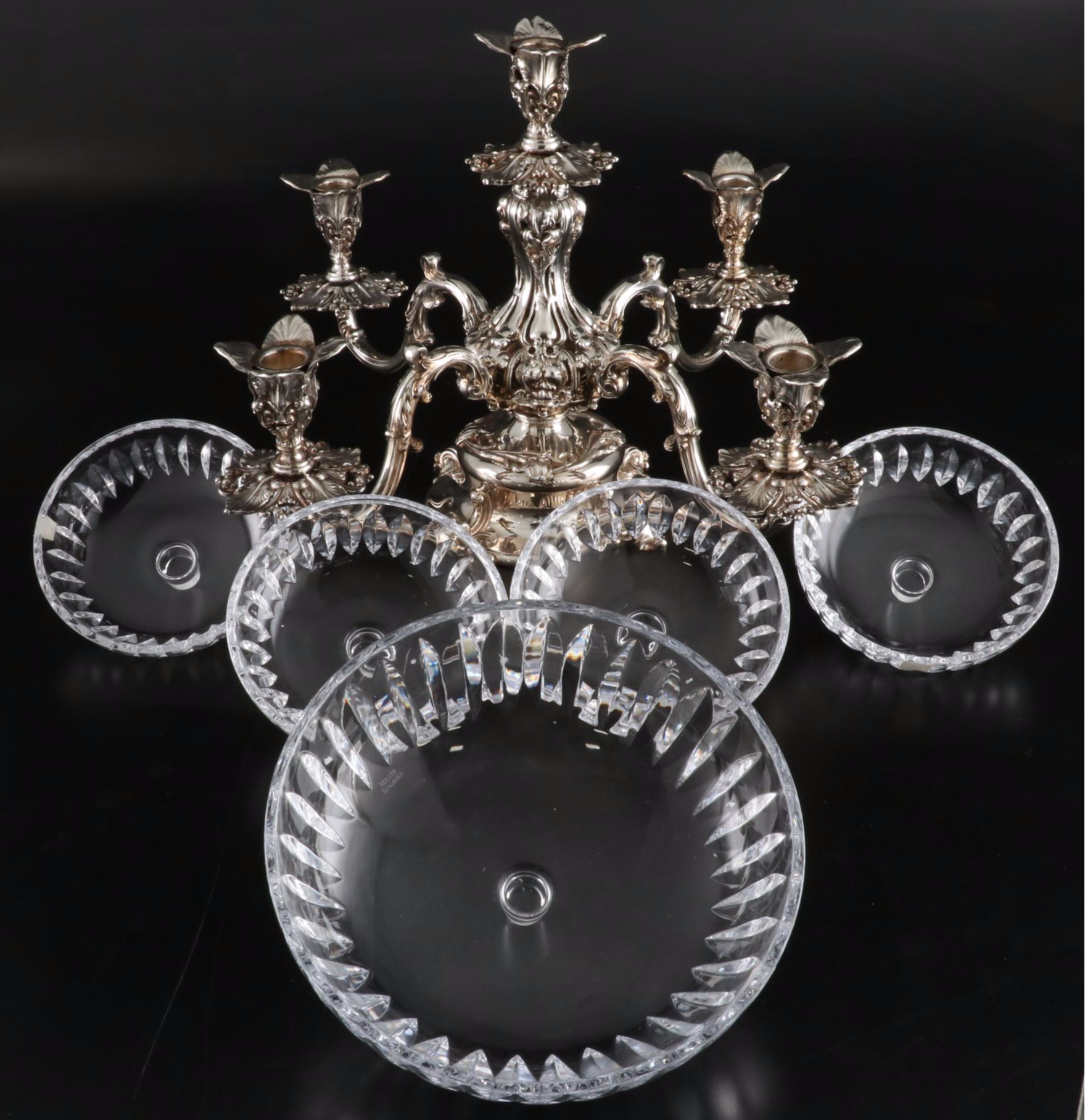 Reed & Barton Silver Plate Epergne with Miller Rogaska Crystal Bowls