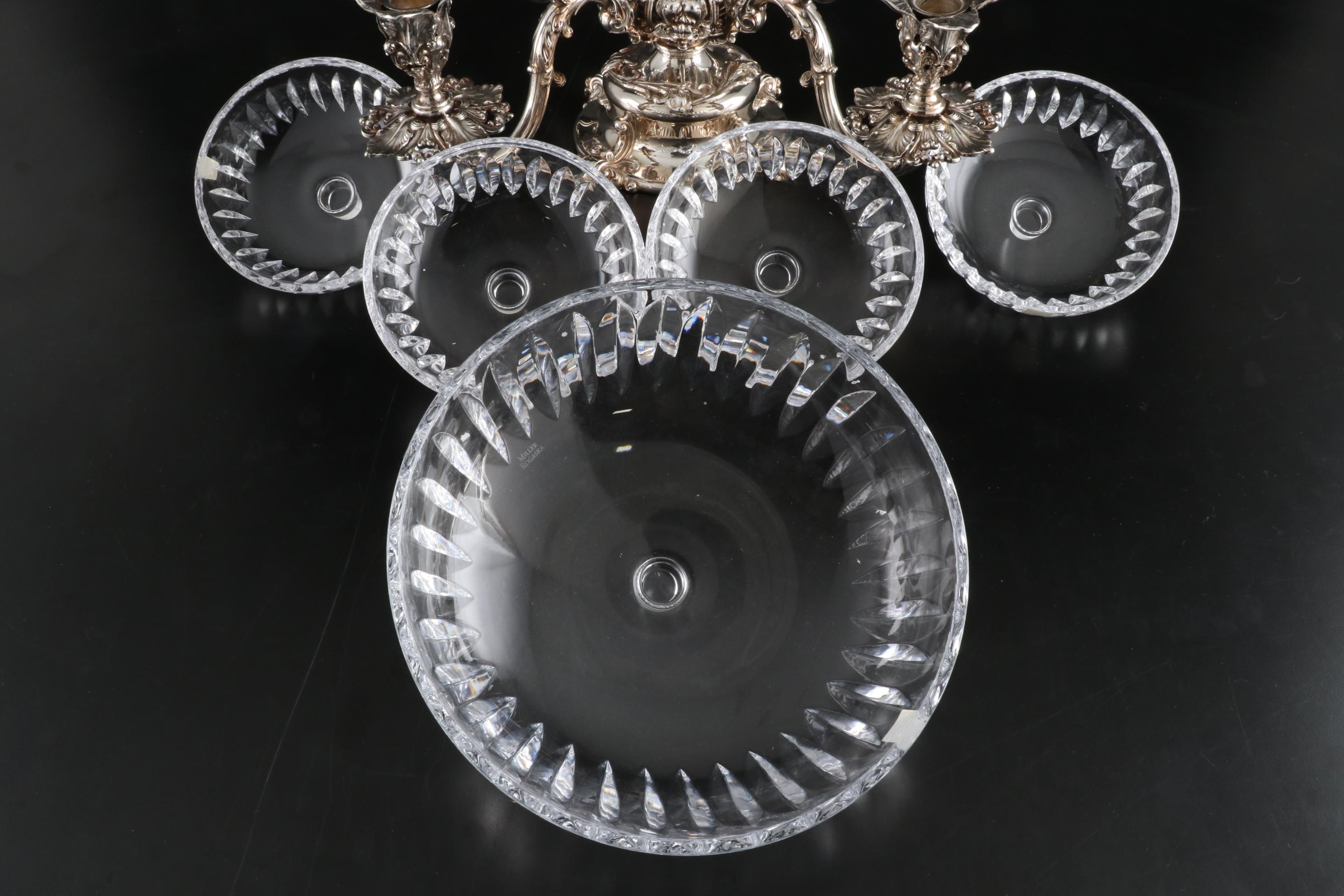 Reed & Barton Silver Plate Epergne with Miller Rogaska Crystal Bowls